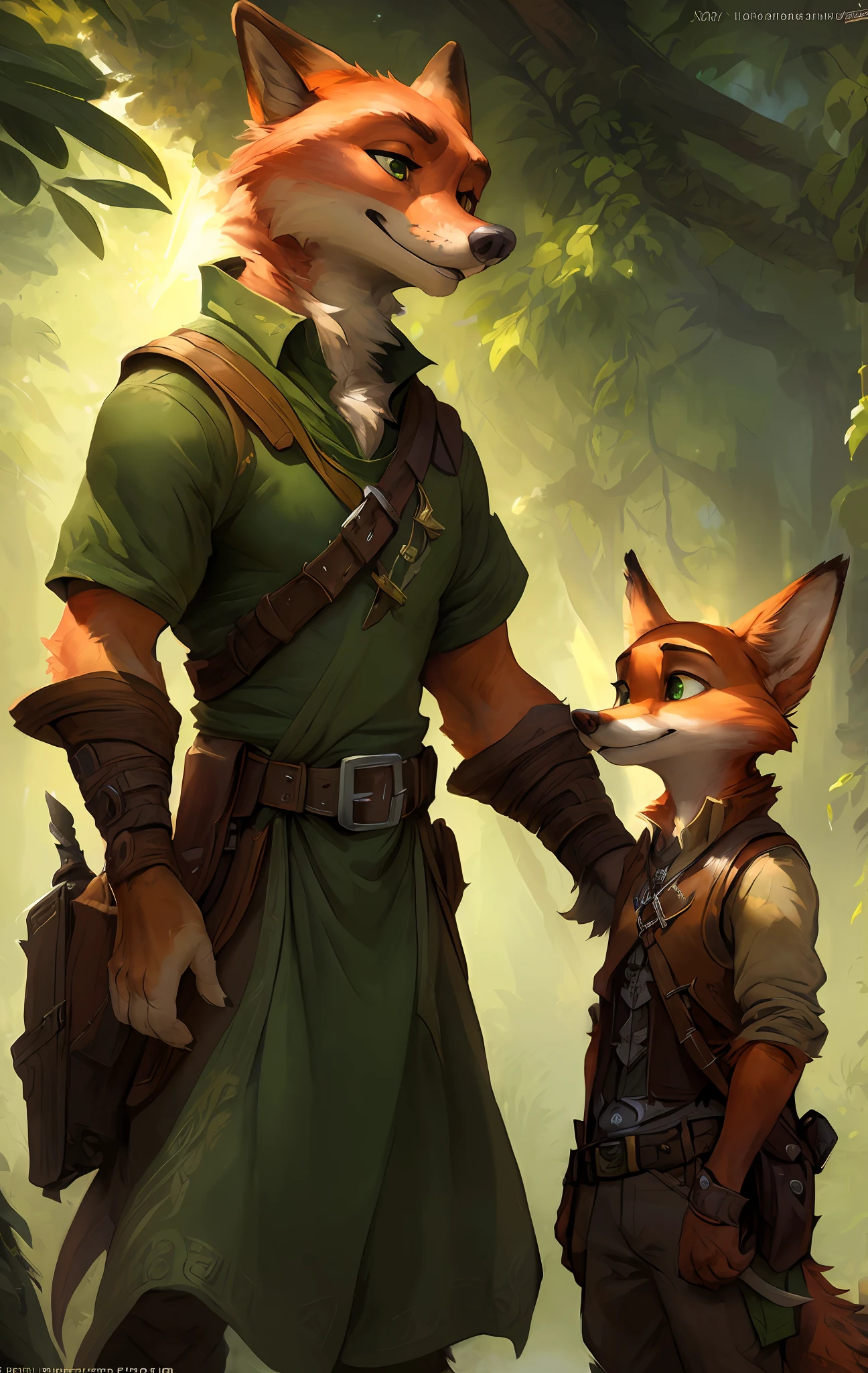 kenket, ross tran, ruan jia, bonifasko, a full size shot of a one character male Nick Wilde made out of (wandering ranger), emerald eyes, blCk mane of hairs, orange fur, white, fantasy portrait, finely detailed brown tunic of brown color, intricate design, double blades, silk, cinematic lighting, 4k,