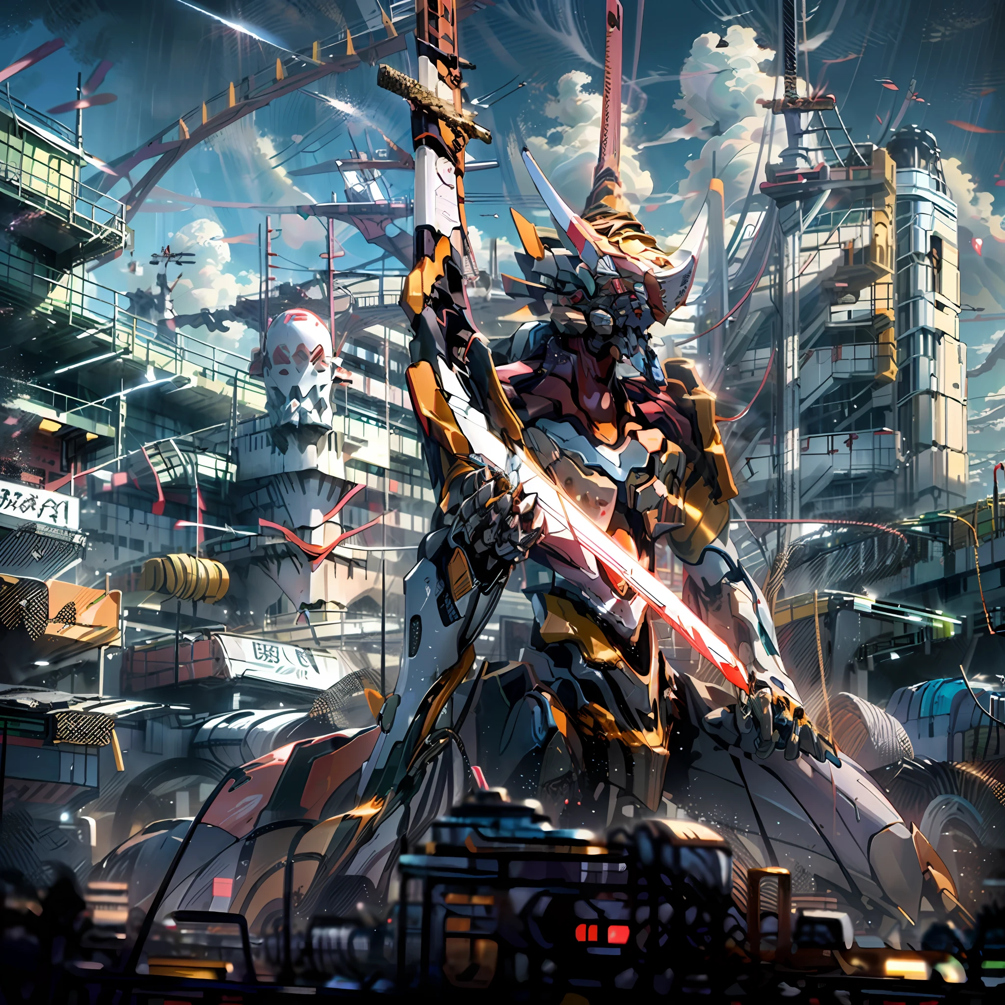 sky, clouds, holding_weapon, no_humans, 1machine, camera gaze, EVANGELION, golden glow, (with Japan sword: 1.3), Japan city, traditional, science fiction, (Japan building), urban, reality,