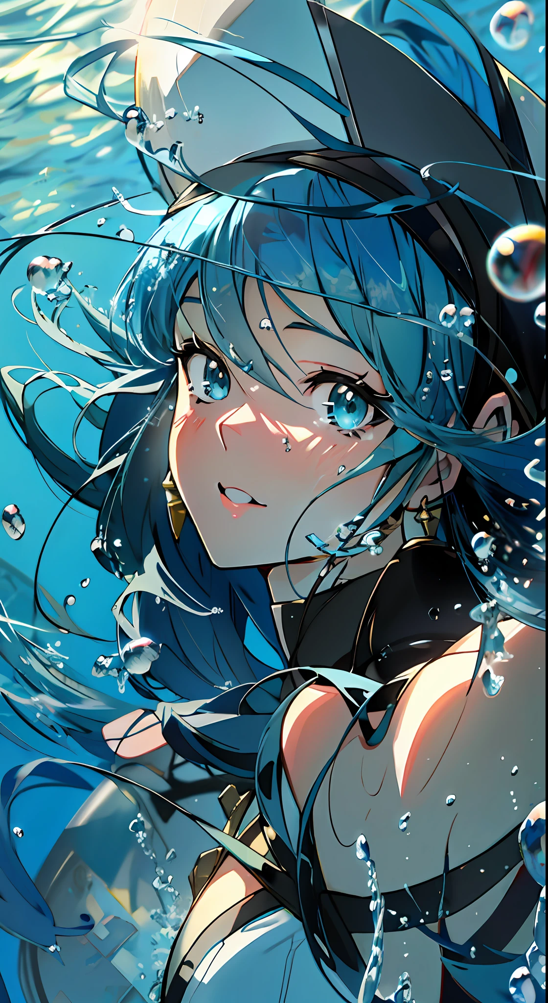 8k, an anime girl with long hair and hat underwater, blue water, bubbles, cartoon style, ray tracing!! , (ray tracing), depth depth, sparkling water surface, water surface mirroring