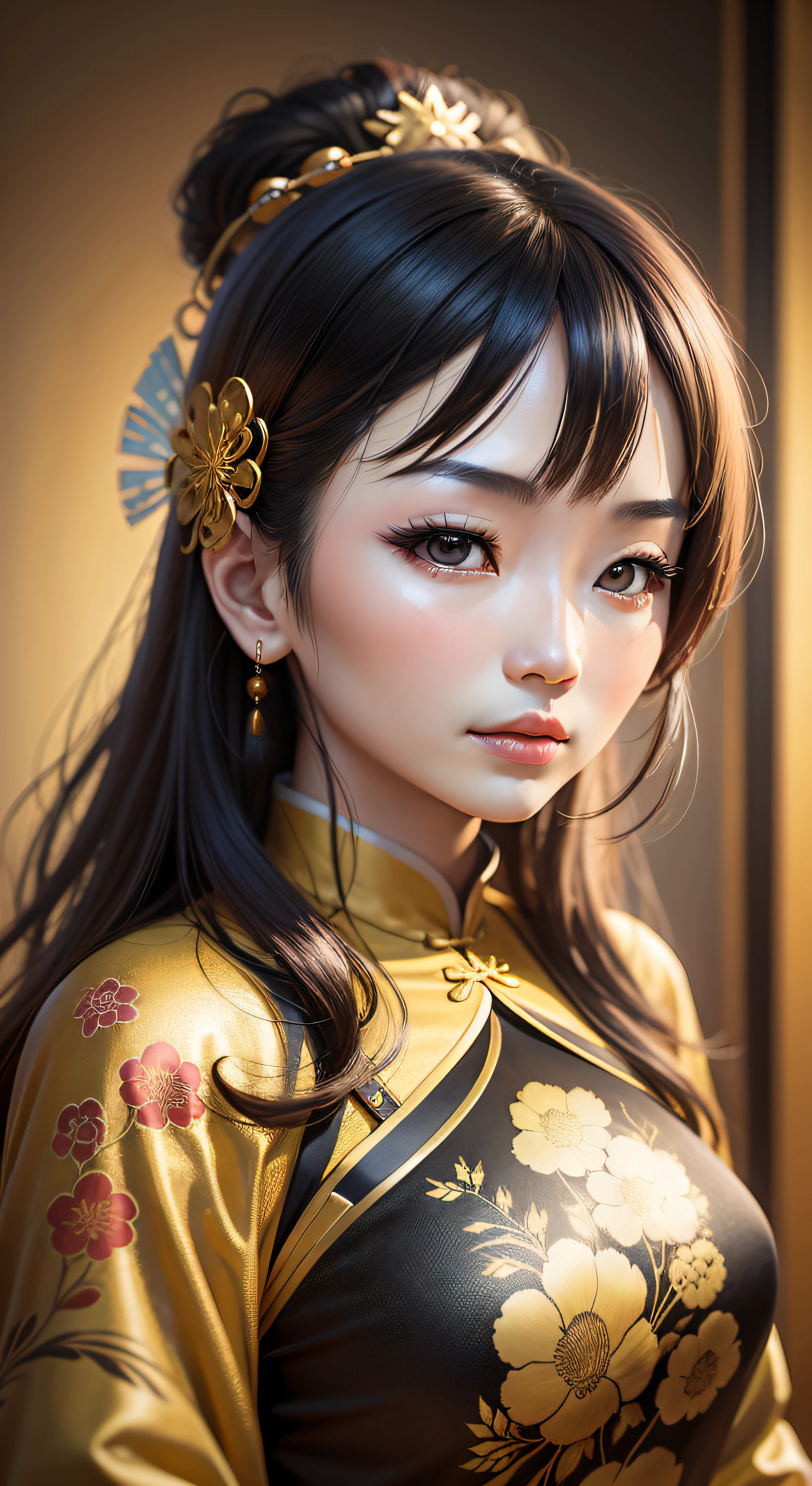 Chinese woman, background Chinese elements, golden splendor, mixed art of photography and reality, real person, realistic, elegant style