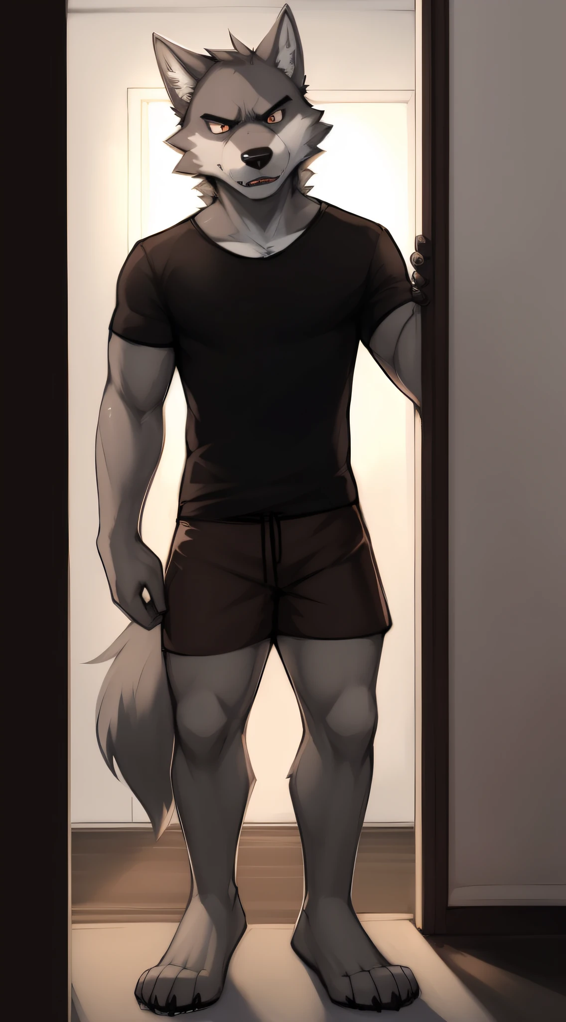 by zackary911, zackary911, wolf, anthro, ((gray skin)), 1man of 28 years, badly faced, frightening, expression of anger and seriousness, solo, background inside a house, black shirt, standing, perfectly detailed eyes, extremely detailed body, clock on arm, perfectly detailed paws, black nose, perfectly detailed hands, brown shorts up to the knee long, barefoot, muscular, hi res