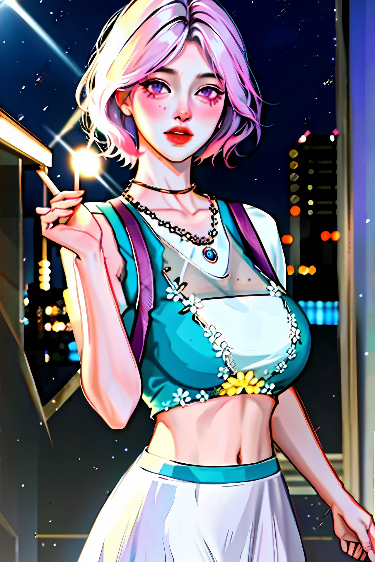 realistic, 1girl, white hair, purple eyes, glowing eyes, crop top, skirt, parted lips, blush, night, flowers, sun, sunlight,