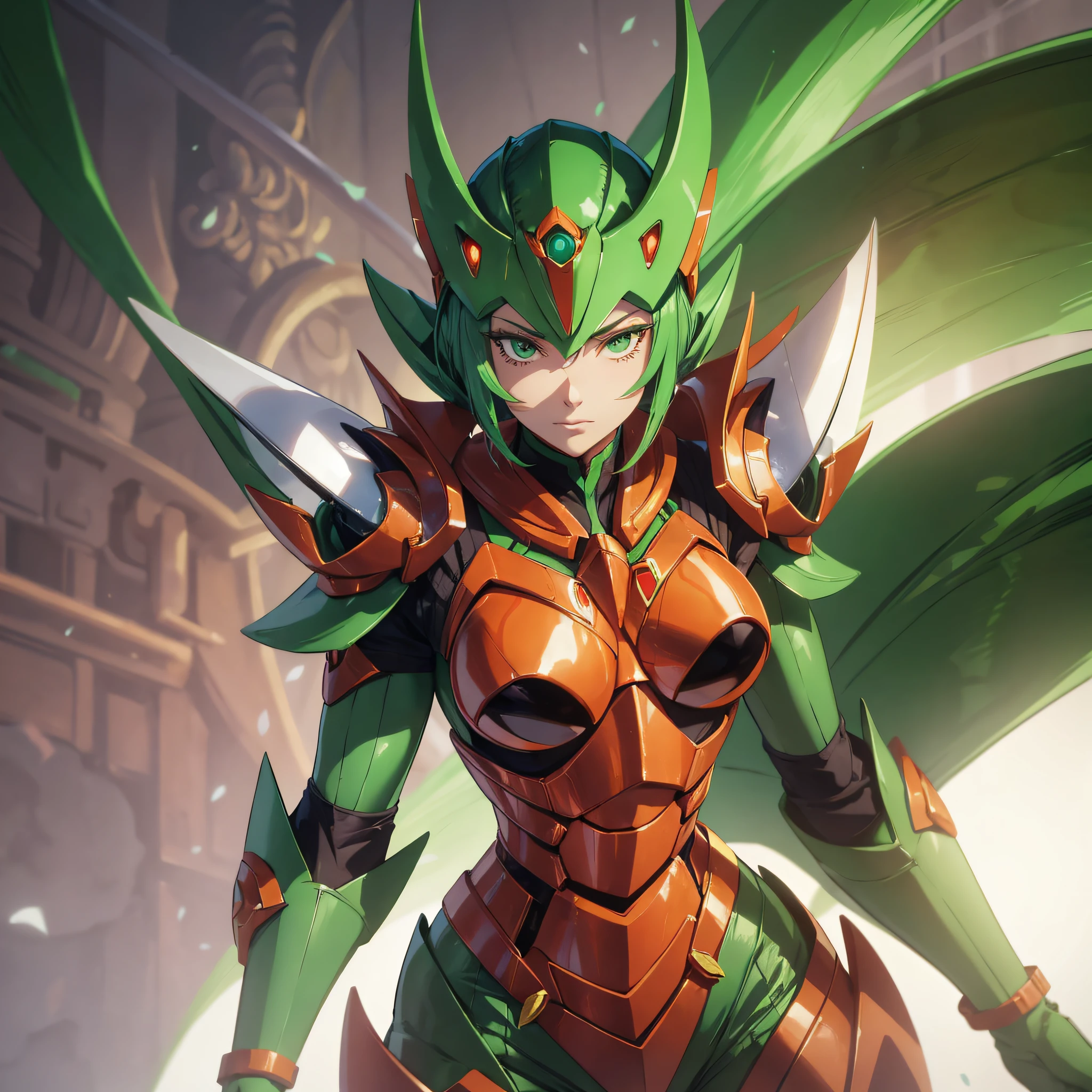 Cartoon photo of woman in green and red costume, hot insect humanoid woman, Guyver style, SFW version, scaraber reploid, tail, cel shade adult animation, alien queen, serpentine pose, --auto --s2