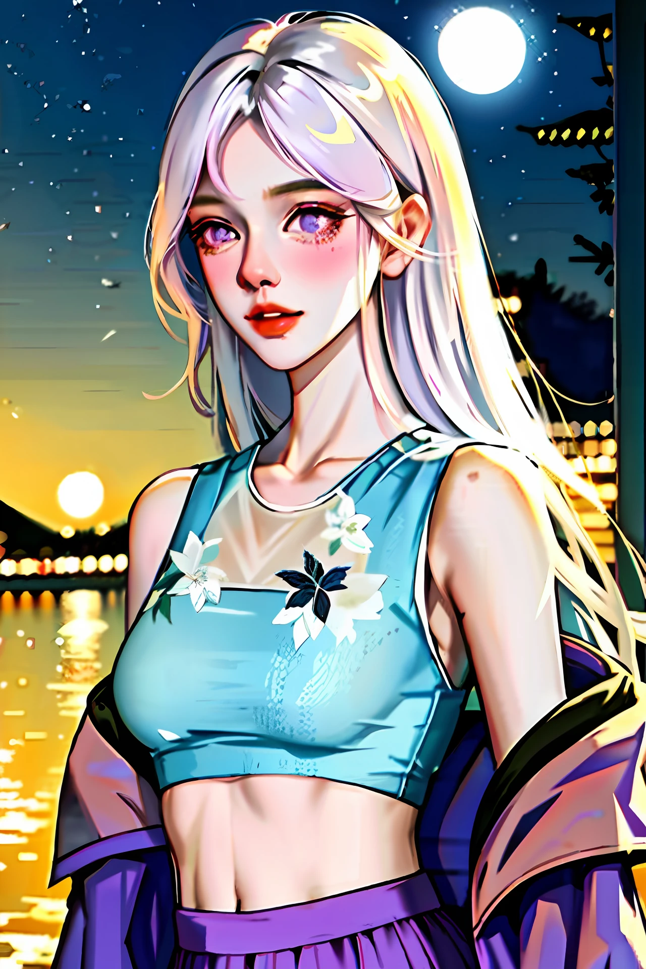 realistic, 1girl, white hair, purple eyes, glowing eyes, crop top, skirt, parted lips, blush, night, flowers, sun, sunlight,