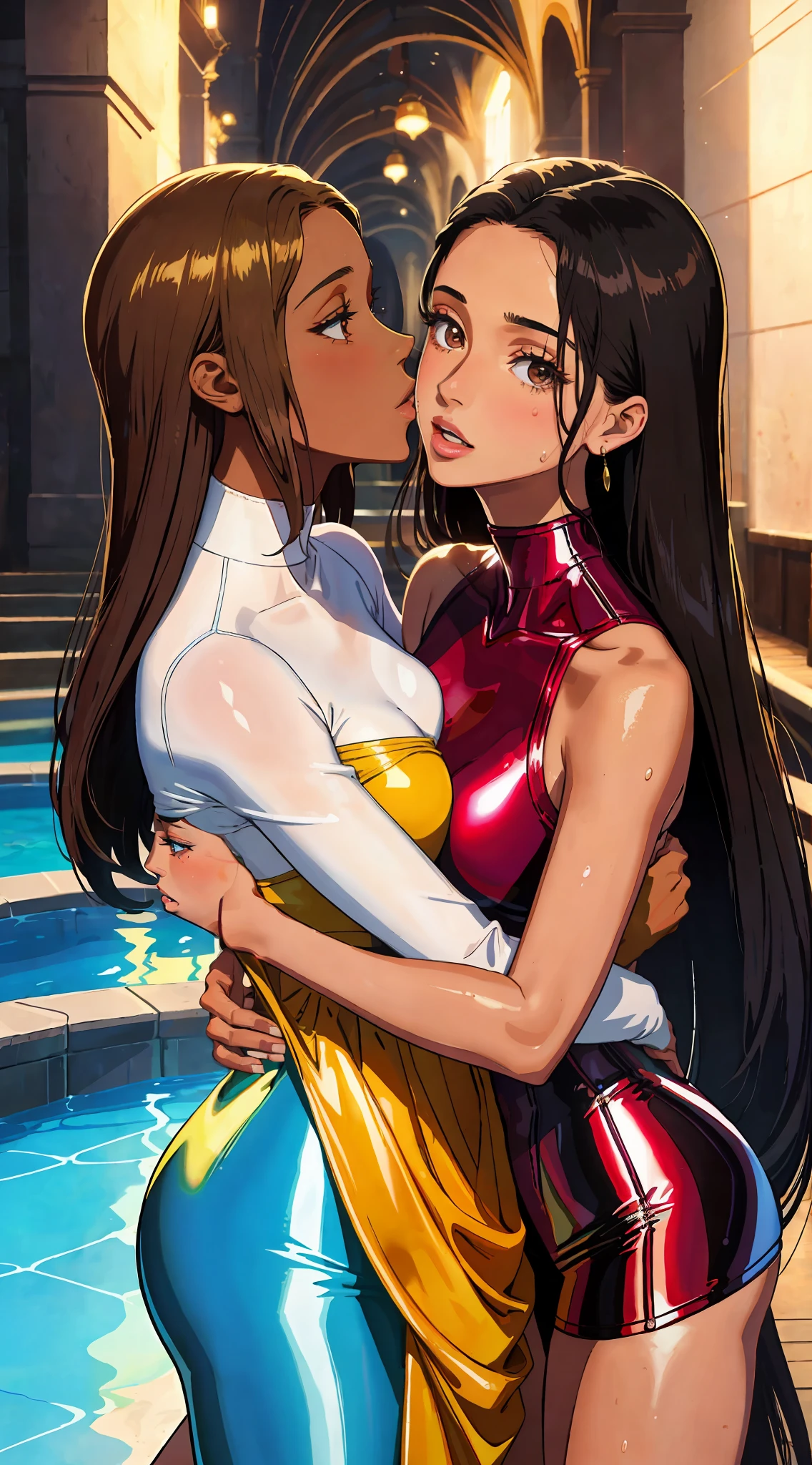 "masterpiece:1.5, 2 women, ((passionate kiss between Ella Balinska and Naomi Scott)), sensuality, beauty, long straight hair, gleaming skin, realistic skin texture, perfect light.", sweat, sweaty, wearing onepiece spy latex outifits, spy mission, Naomi Scott is brunette,