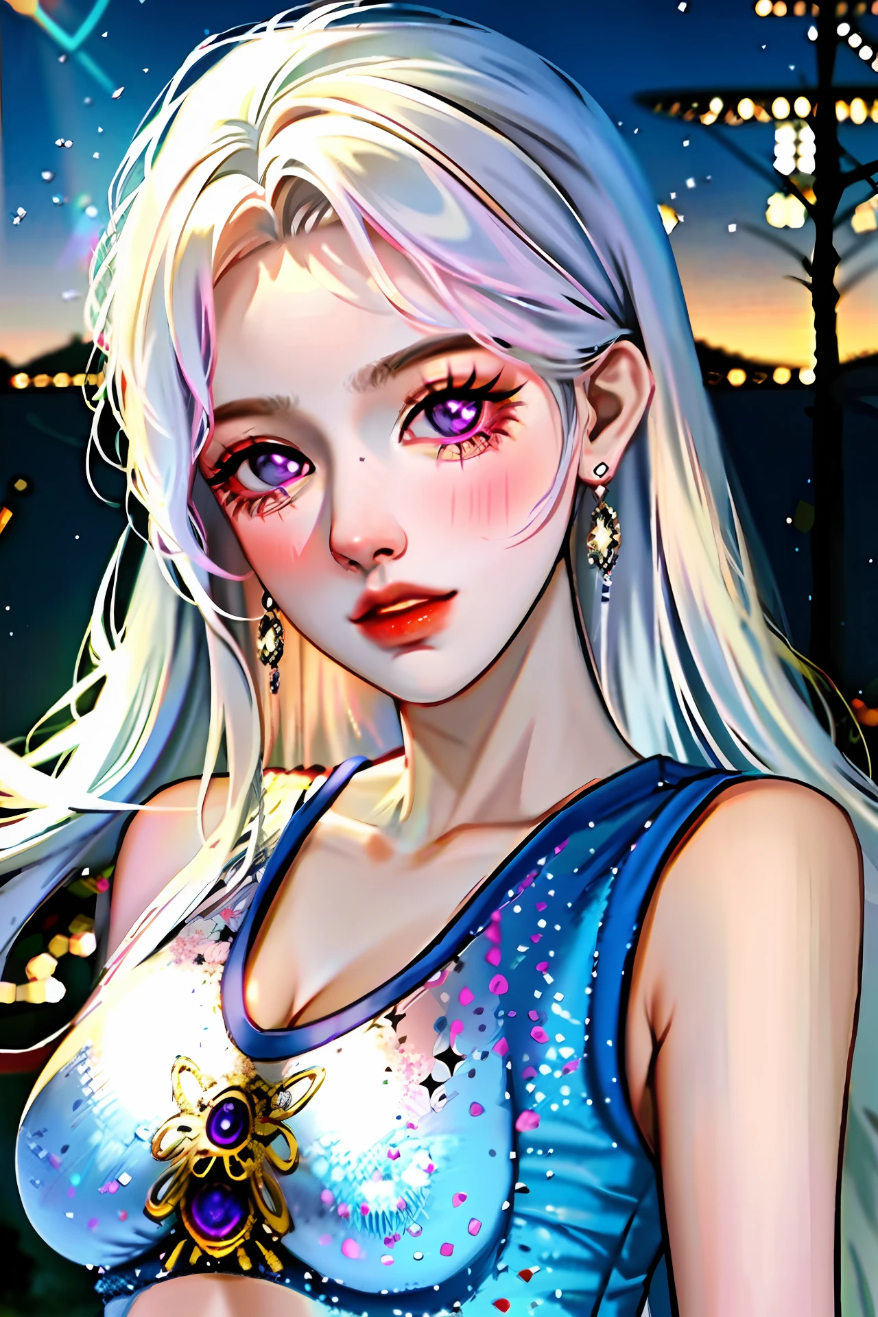 realistic, 1girl, white hair, purple eyes, glowing eyes, crop top, skirt, parted lips, blush, night, flowers, sun, sunlight,