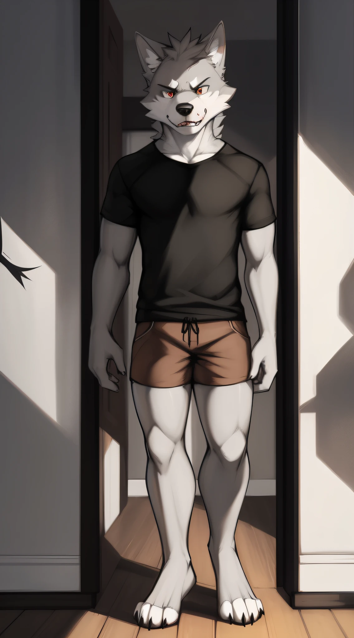 by zackary911, zackary911, wolf, anthro, ((gray skin)), 1man of 28 years, badly faced, frightening, expression of anger and seriousness, solo, background inside a house, black shirt, standing, perfectly detailed eyes, extremely detailed body, clock on arm, perfectly detailed paws, black nose, perfectly detailed hands, brown shorts up to the knee long, barefoot, muscular, hi res