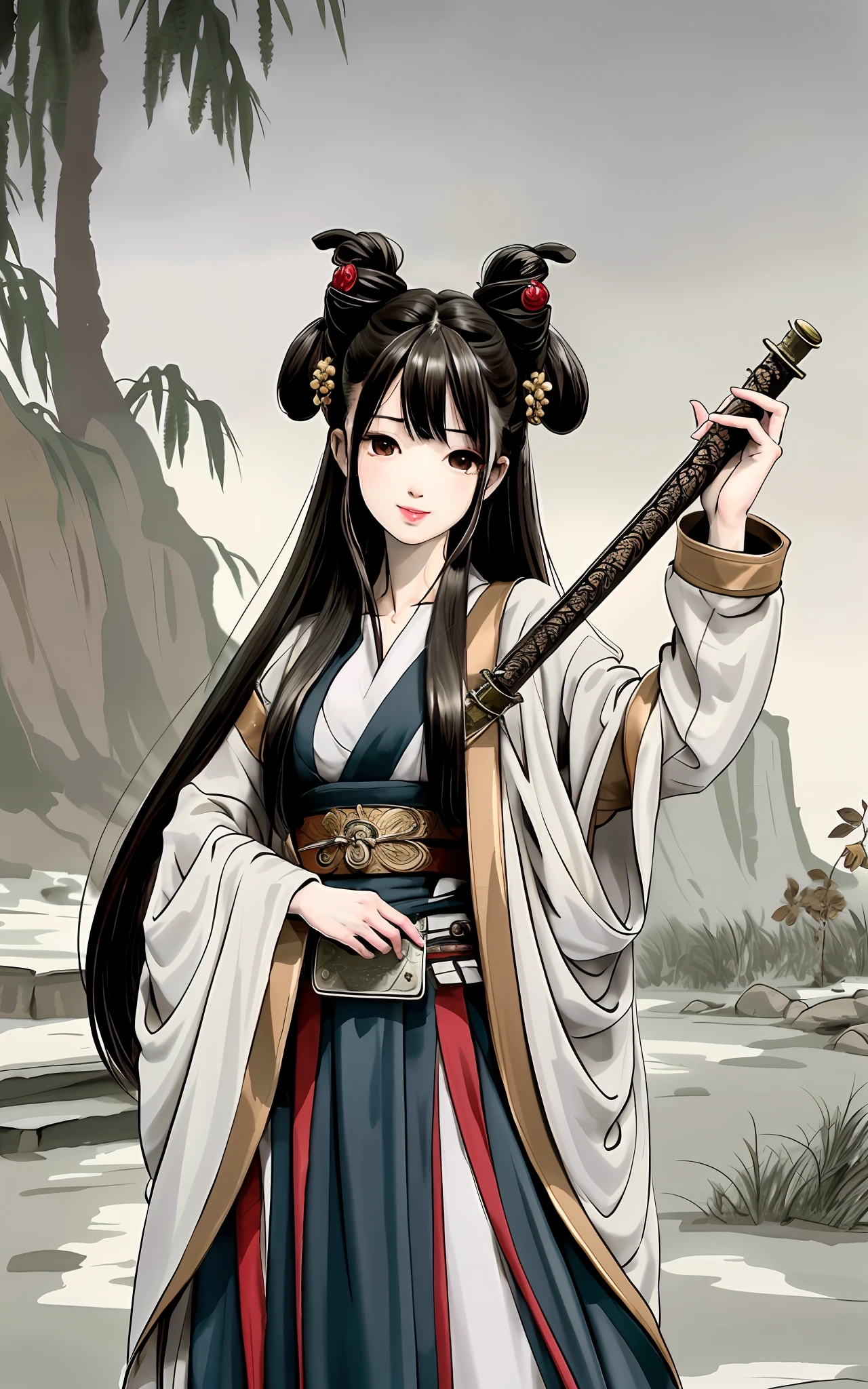 Shuk walking horse, negative space, , ink bissim, standing female statue, willow branch, (masterpiece, best quality:1.2), Chinese painting, model style, heroic, (smile), looking at the audience, holding a sword in one hand and pinching the sword in the other, wearing a long Hanfu, Hanfu, song, willow tree in background, five permanent sayings,