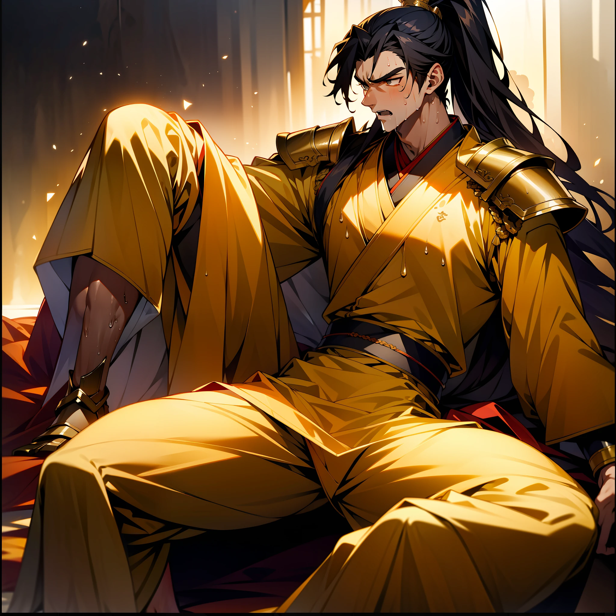 1 male, sweating, open mouth, drooling, wet, wet, sweating pectorals, sweating abs, sweating crotch, golden costume Hanfu, dragon robe, handsome face, evil, highest picture quality, dark skin, high ponytail long hair, detail Hanfu, wearing arm guards, armor, leg guards, leggings, boots (ancient Chinese military boots), looks like a general, squat, forked legs squat, half squat, crotch sweating, crotch shape, crotch sweat, long legs, leg contour, thigh close-up, calf close-up, perfect legs