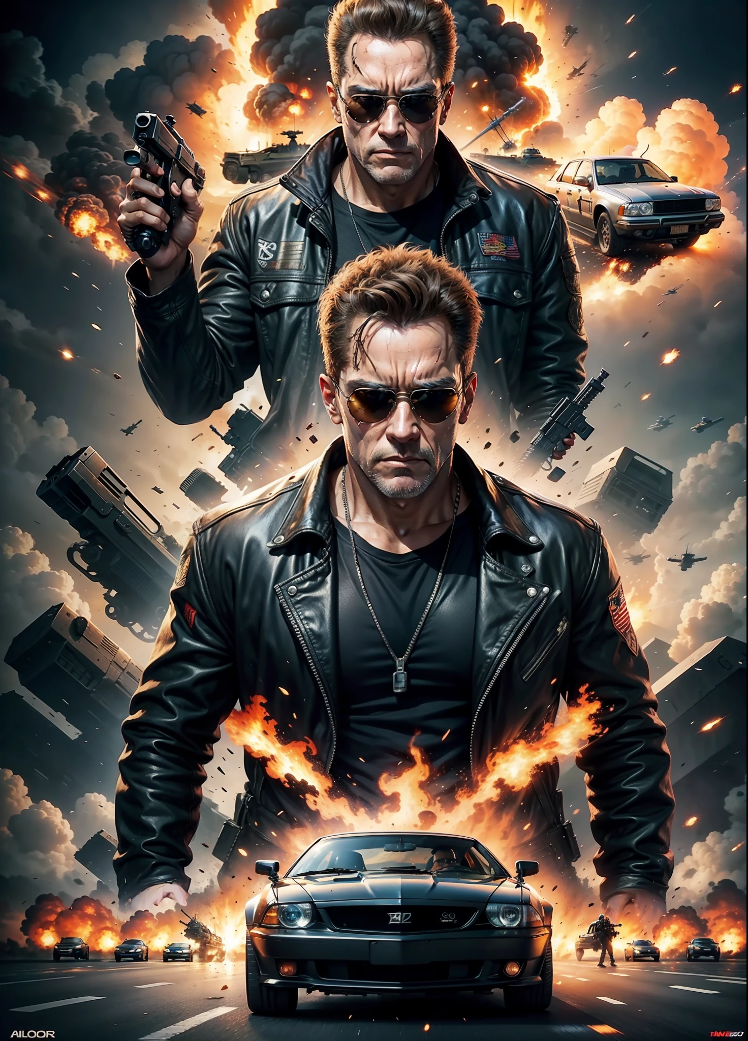 terminator movie poster, explosions, guns, cars, aviões