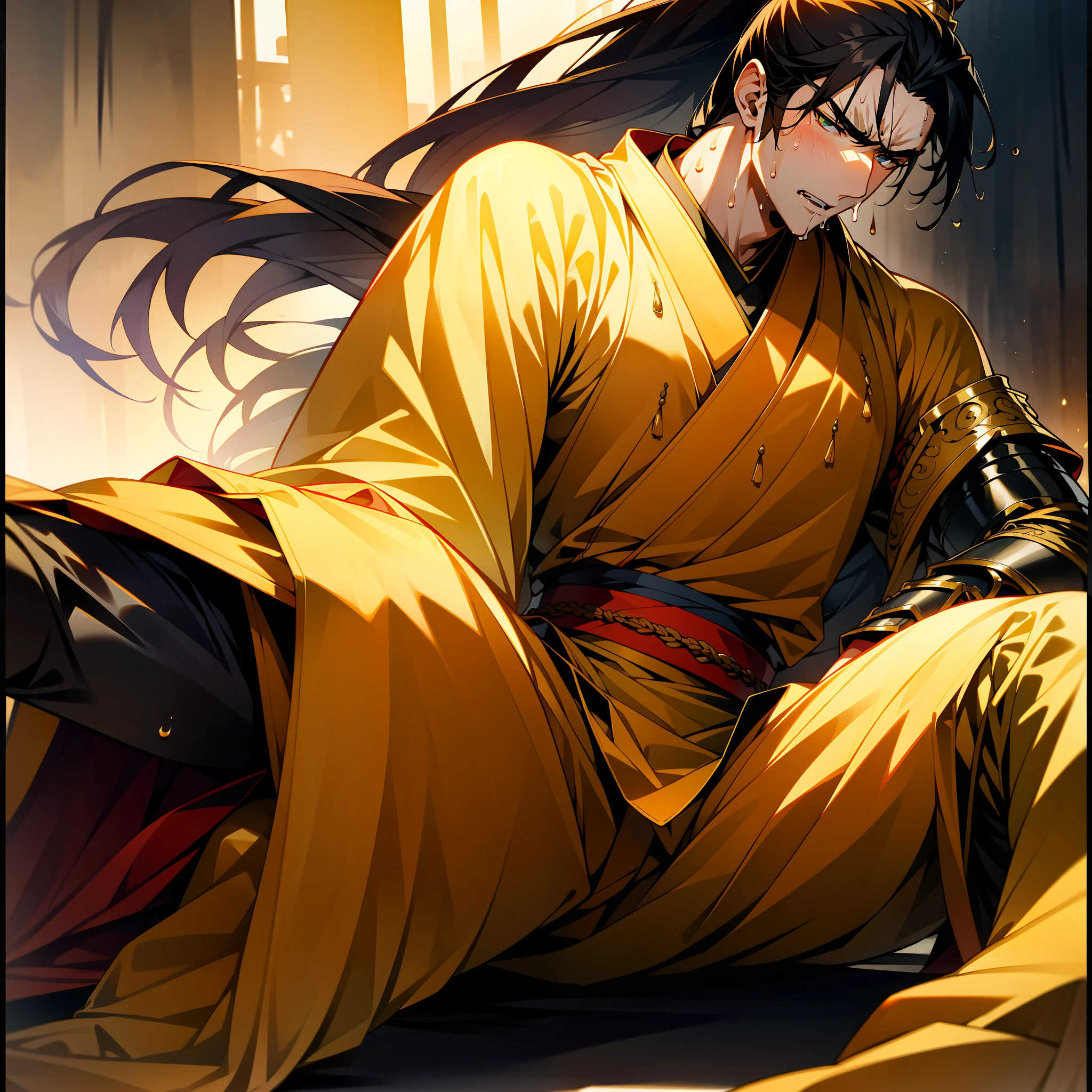 1 male, sweating, open mouth, drooling, wet, wet, sweating pectorals, sweating abs, sweating crotch, golden costume Hanfu, dragon robe, handsome face, evil, highest picture quality, dark skin, high ponytail long hair, detail Hanfu, wearing arm guards, armor, leg guards, leggings, boots (ancient Chinese military boots), looks like a general, squat, forked legs squat, half squat, crotch sweating, crotch shape, crotch sweat, long legs, leg contour, thigh close-up, calf close-up, perfect legs