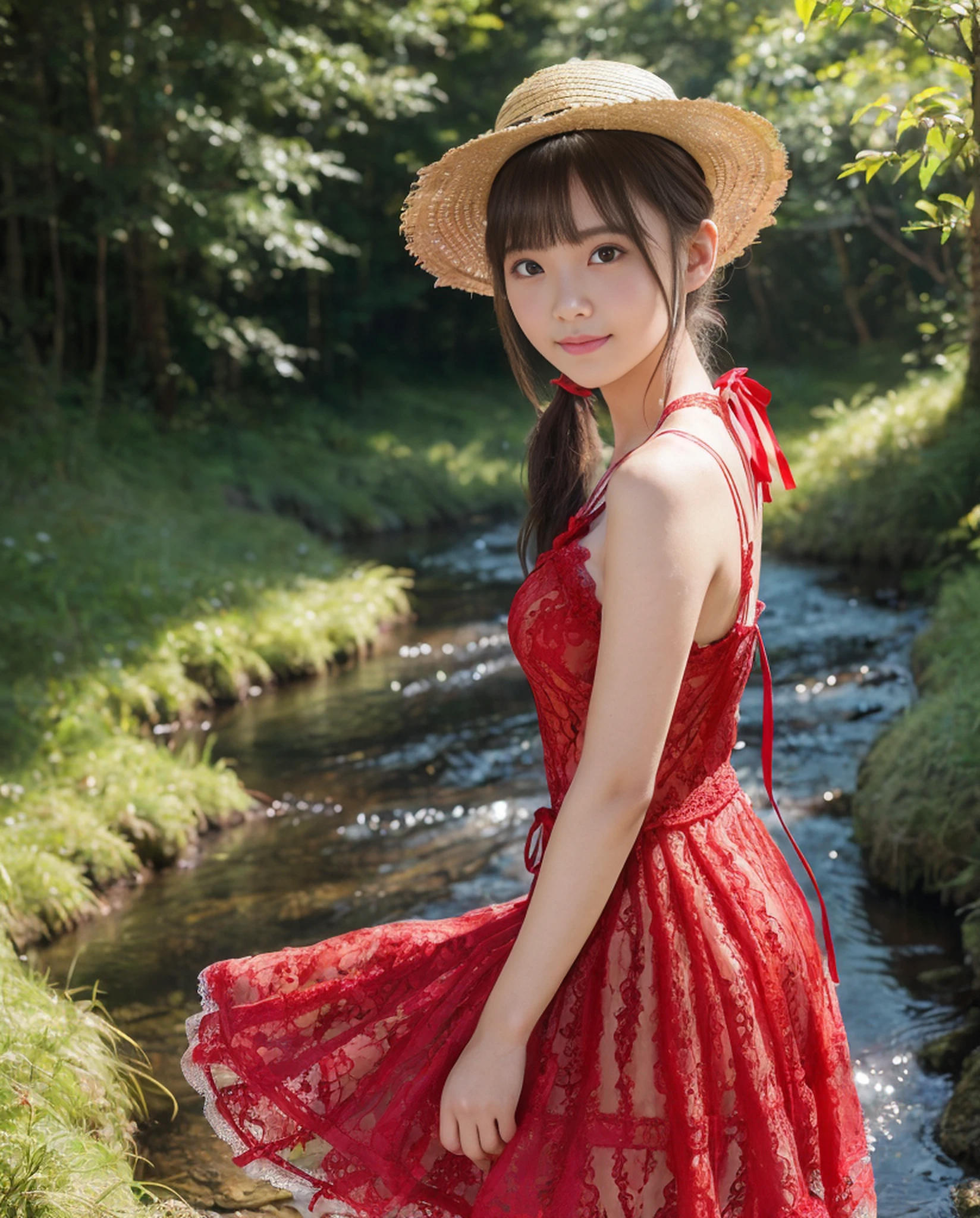 ((((1))),((Photorealistic))), ((AKB 48)), (Full body photo))), (Lens flare))),((Backlight)), (In the woods))((Clear stream deep in the dark mountains)),((Rock in the background)),((Straw hat with ribbon)),((Smiling)),((NIKON Z)),(19 years old))),(Small bust)))), ((((red lace dress)))), ((((Pore feeling)))), ((skin feeling)))), (((Photorealism: 6, realistic))))), (((sideways and turning around pose)),Perfect chest shape, bare buttocks, side ponytail, ribbon, hair ornament, pale skin, looking at the viewer, small waist