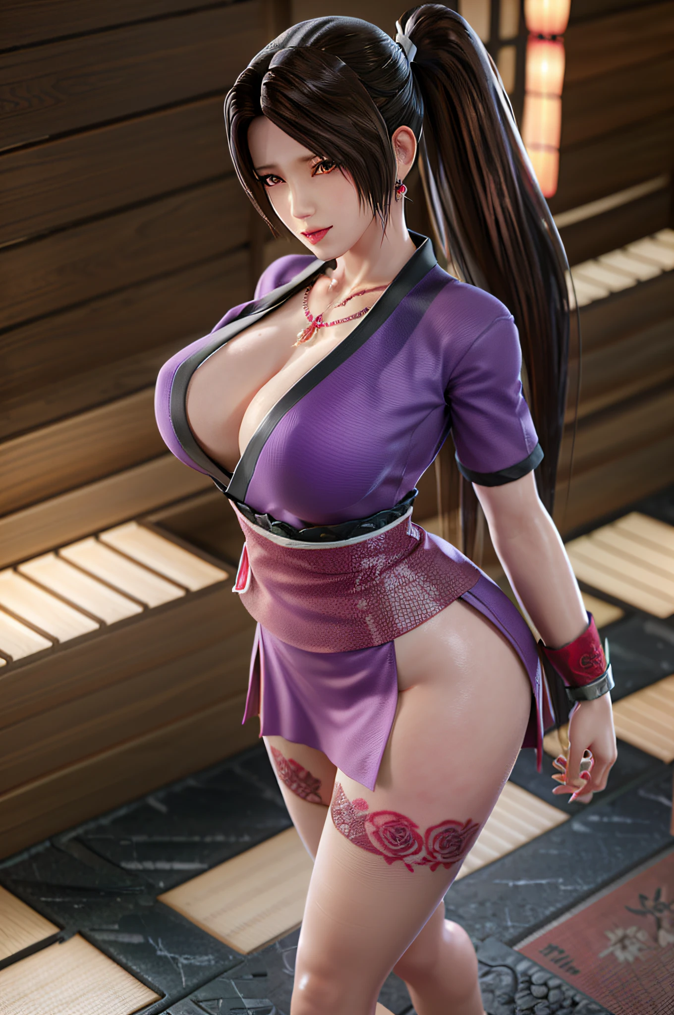solo, MaiShiranui,Translucent and damp clothing, Mesh pantyhose, high heels, wristband, earrings, cross necklace, bangs, black hair, blunt bangs,(Japanese high school uniform:1.5), ( gigantic breasts:1.4), lips, long hair, moles under the mouth, purple eyes, slightly dilated lips, smile, wet skin, Wet hair, shame,Standing amidst the falling cherry blossoms,(rose_tattoos:1.5), (masterpiece: 1.4), (best quality: 1.4), real-life portrait photography, looking at the viewer,Perfect Fingers,Center,Full body,