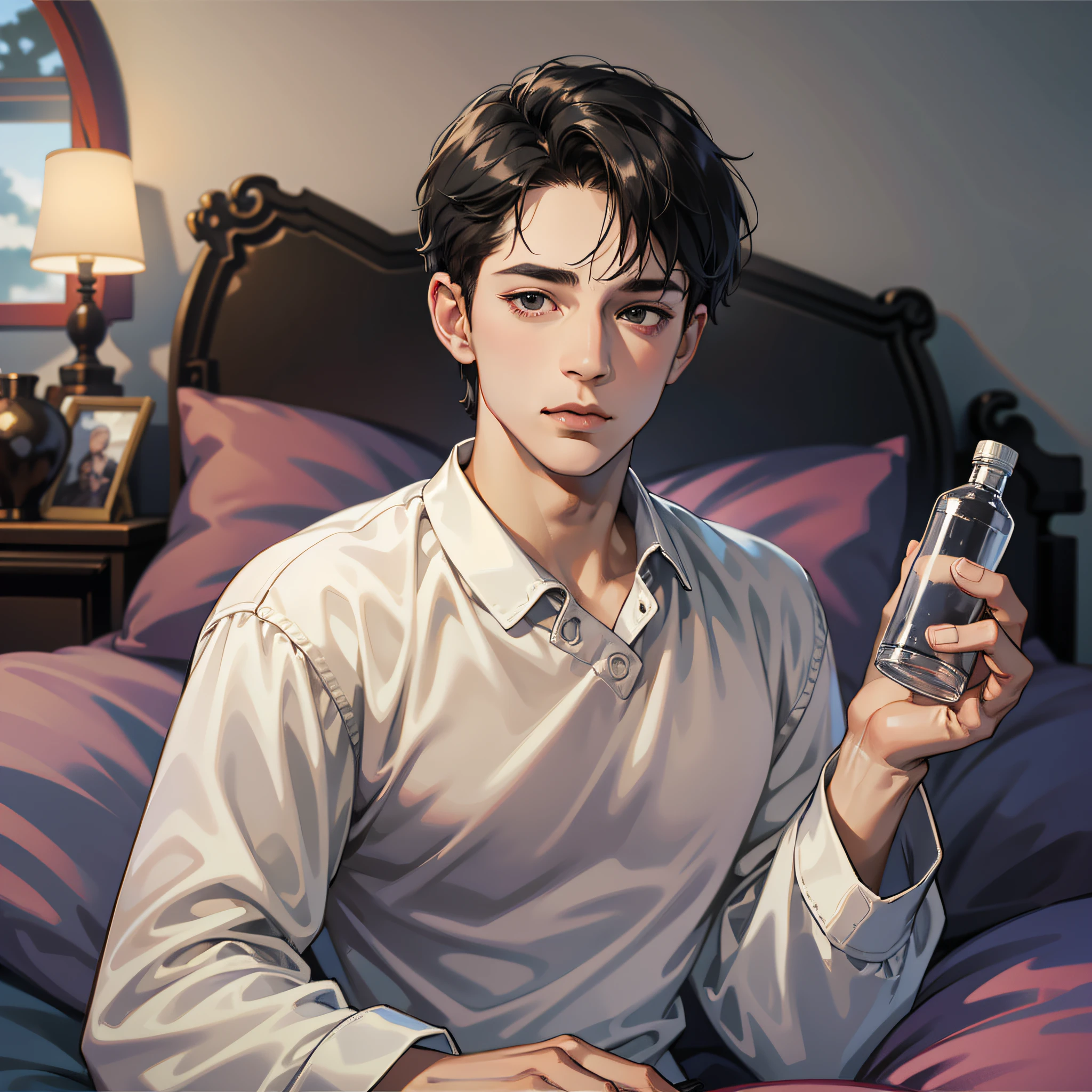 Male, short black hair, delicate face, wearing comfortable pajamas, lying on the bed, holding a medicine bottle in his hand