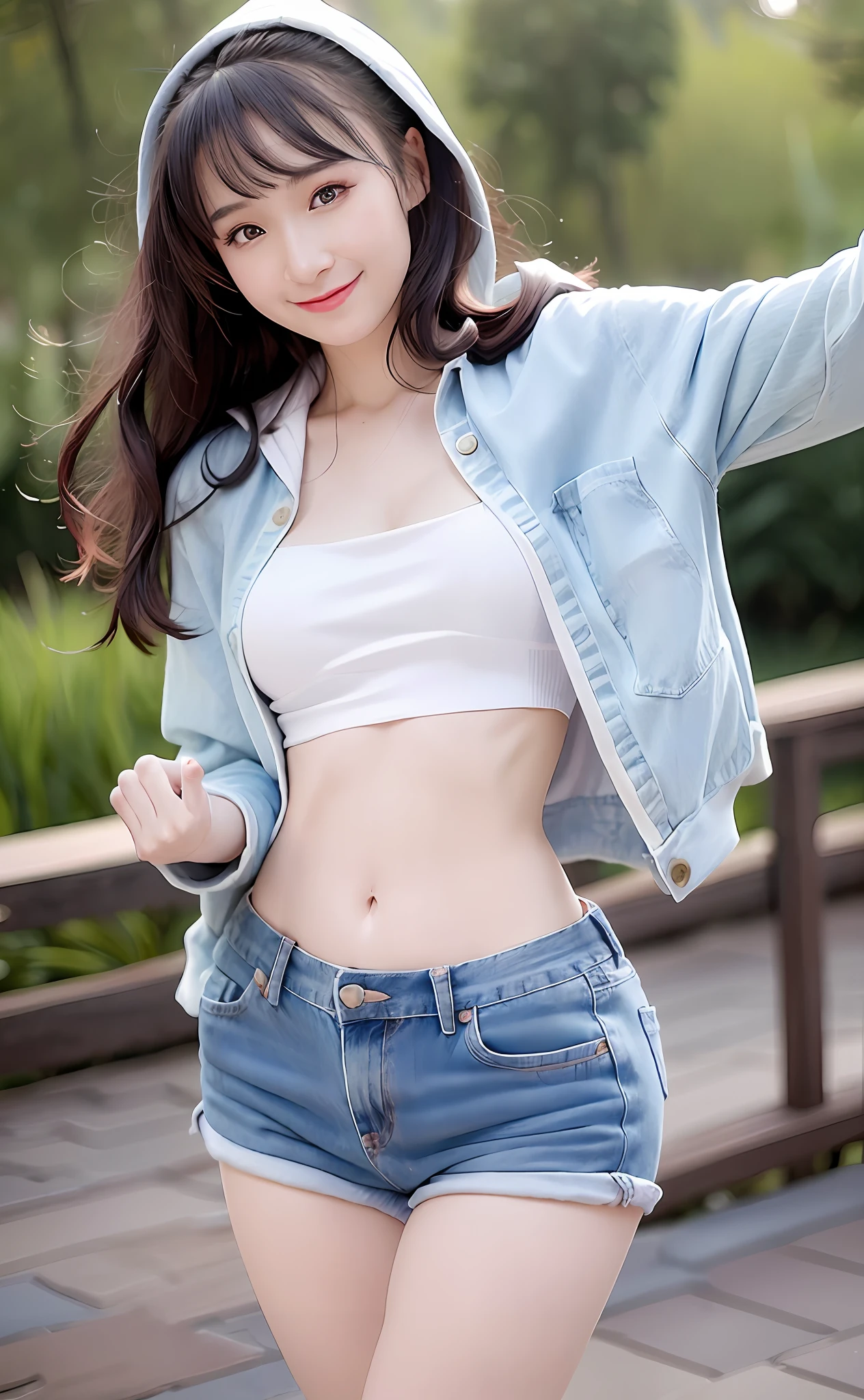 Realism, 8k, 1girl, long wavy curls, pale skin (Chinese beauty), (smiling) young beauty, thick eyebrows, ((D cups)), hoodie ((good figure)), (tight) denim shorts (light denim shorts), ((big breasts))) small waist, wide thighs, (right hand in the pocket) Standing One thigh up, wide thigh gap, legs apart