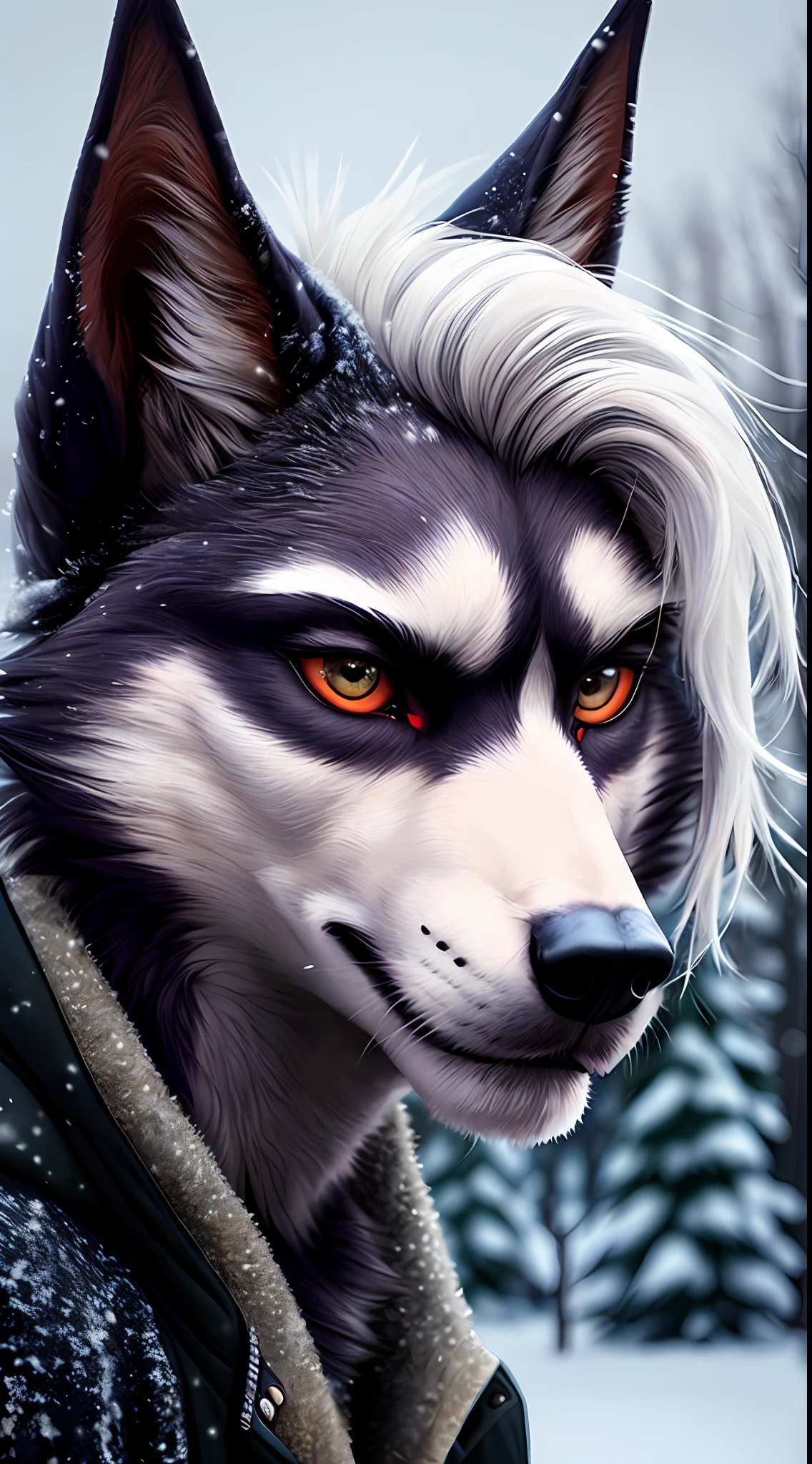 uploaded to e621, raw photo, realistic, anthro, detailed face, detailed fur, high resolution, beautiful and detailed portrait, muzzle, helluva boss, male hellhound, high resolution, in snowy winter, winter clothes, winter jacket