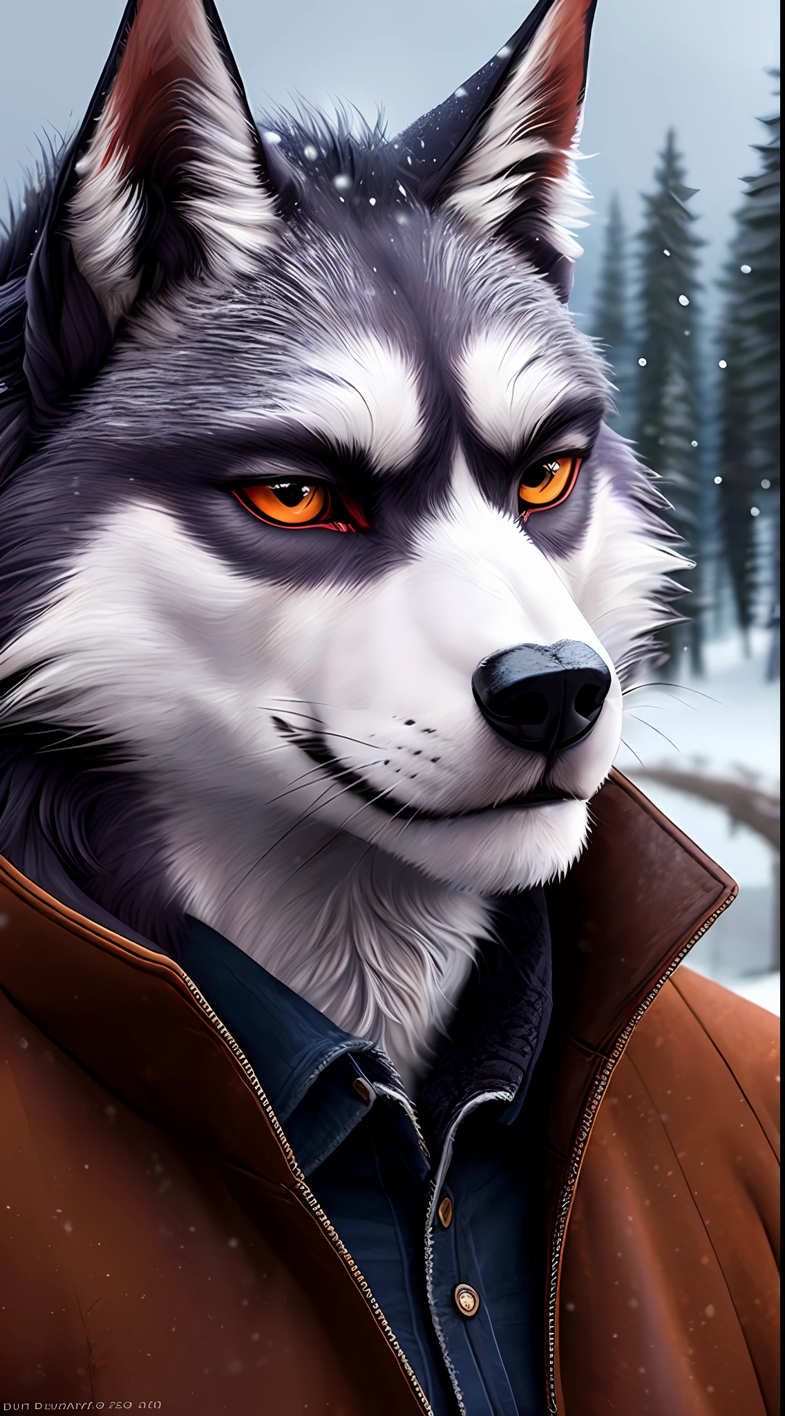 uploaded to e621, raw photo, realistic, anthro, detailed face, detailed fur, high resolution, beautiful and detailed portrait, muzzle, helluva boss, male hellhound, high resolution, in snowy winter, winter clothes, winter jacket