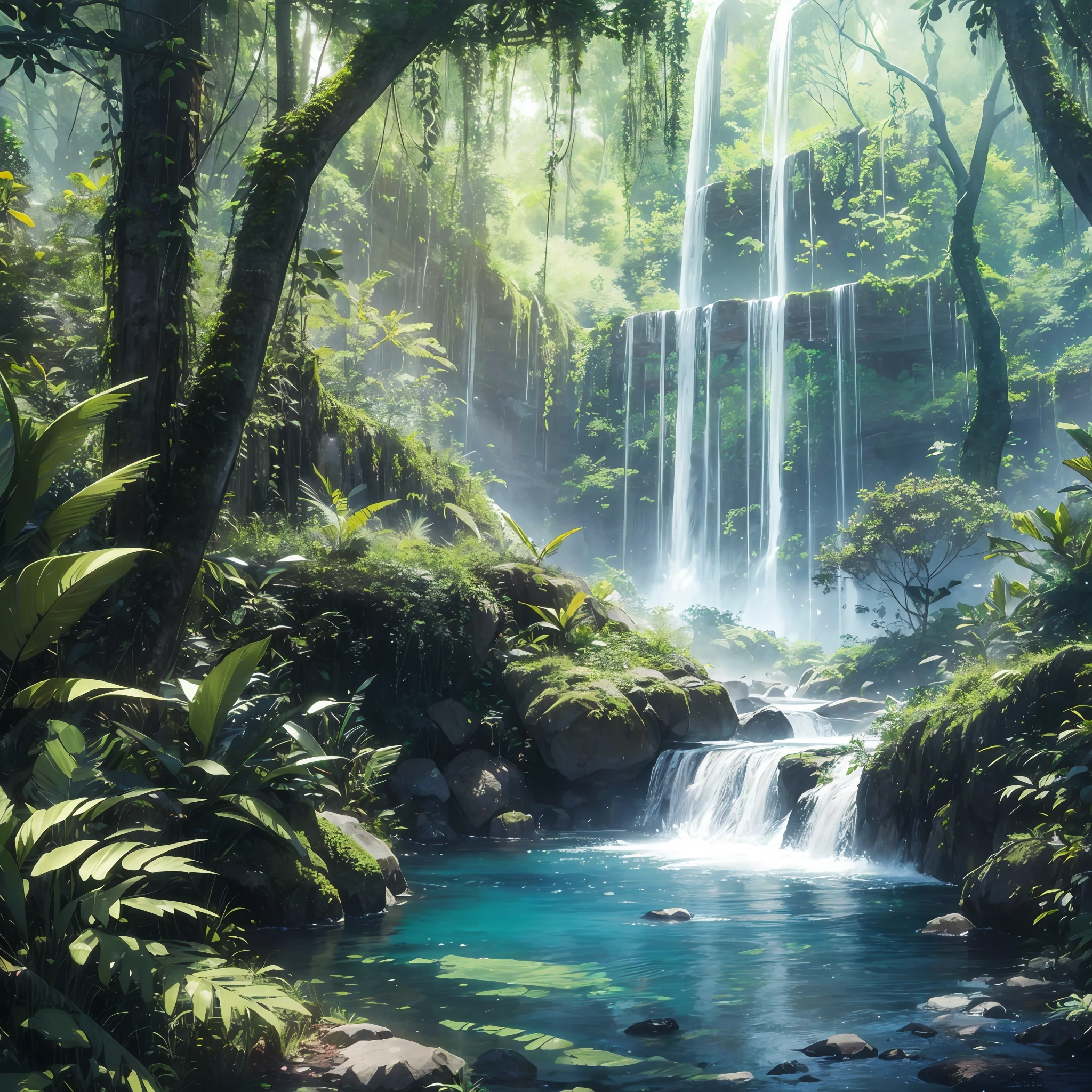 res, ultra detailed, (no human:1.3), BREAK , Create an image using a dark rainbow prism effect, with light refracting and creating ethereal cinematic appearance. BREAK , Design an image with a cinematic lens , capturing a wide field of view with a distinctive, curved perspective. BREAK , Capture a wide river,dense rainforest , with aged thick trees, rocks, waterfall,trees with colorful flowers,dappled sunlight, and a sense of tranquility and natural beauty. BREAK , Illustrate a rainforest world, using only godray shades of nature to convey depth, emotion, and a striking visual impact --auto --s2