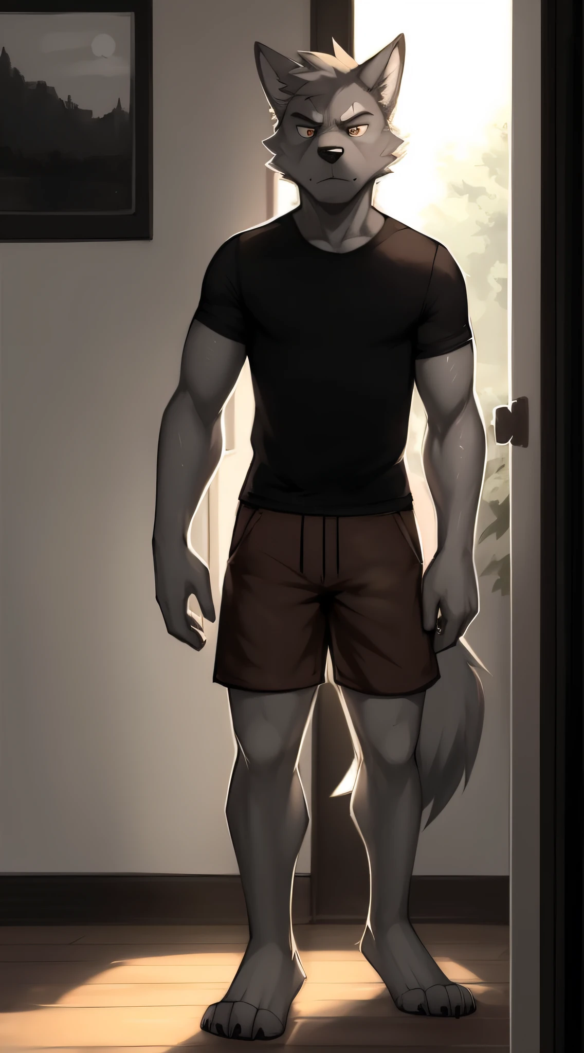 by zackary911, zackary911, wolf, anthro, ((gray skin)), 1man of 28 years, badly faced, frightening, expression of anger and seriousness, solo, background inside a house, black shirt, standing, perfectly detailed eyes, extremely detailed body, clock on arm, perfectly detailed paws, black nose, perfectly detailed hands, brown shorts up to the knee long, barefoot, muscular