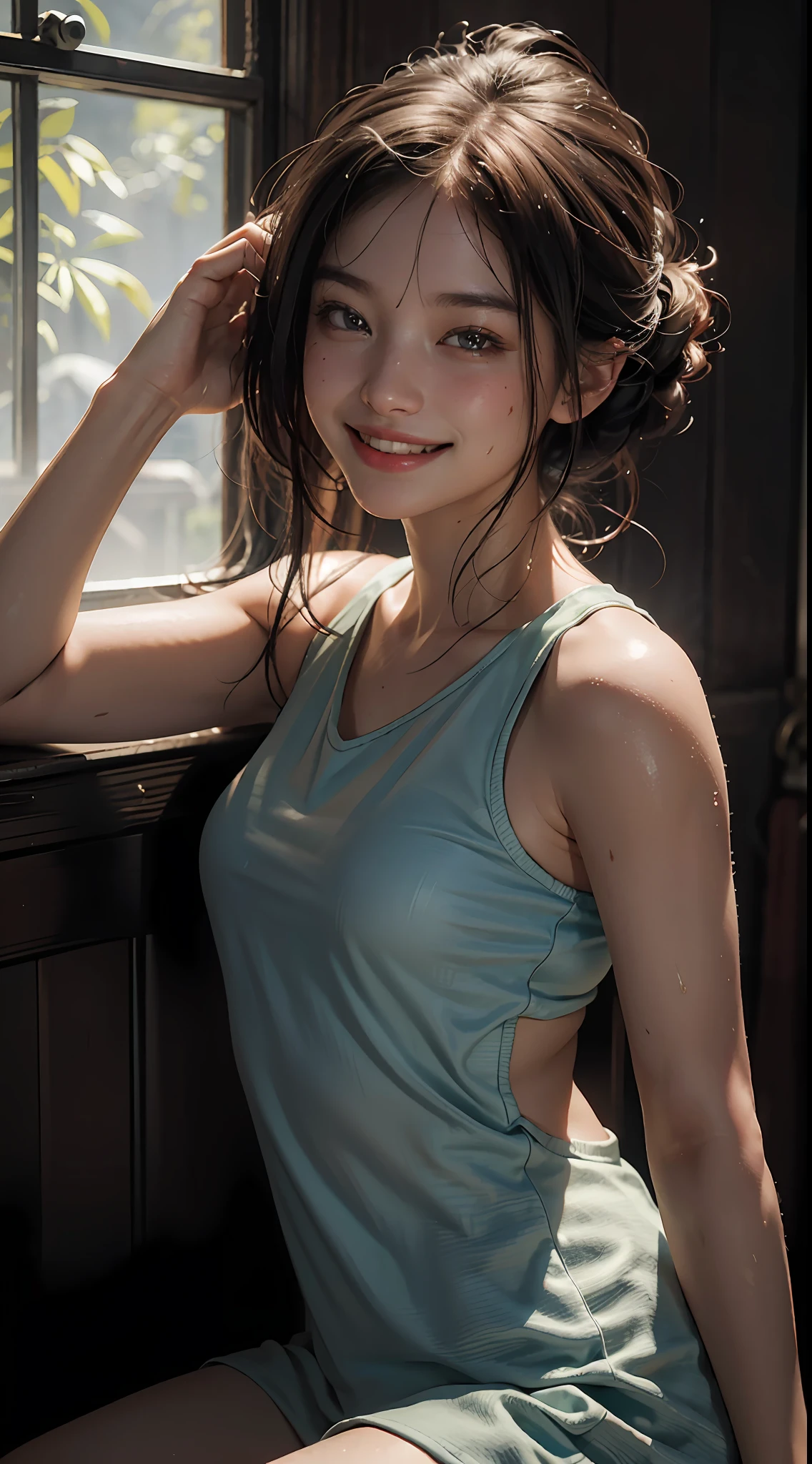 Top quality, masterpiece, ultra high definition, (Reality: 1.4), Original photo, 1Girl, cinematic lighting, smile, bright, photo-like, sweaty, face red, pose to take photo