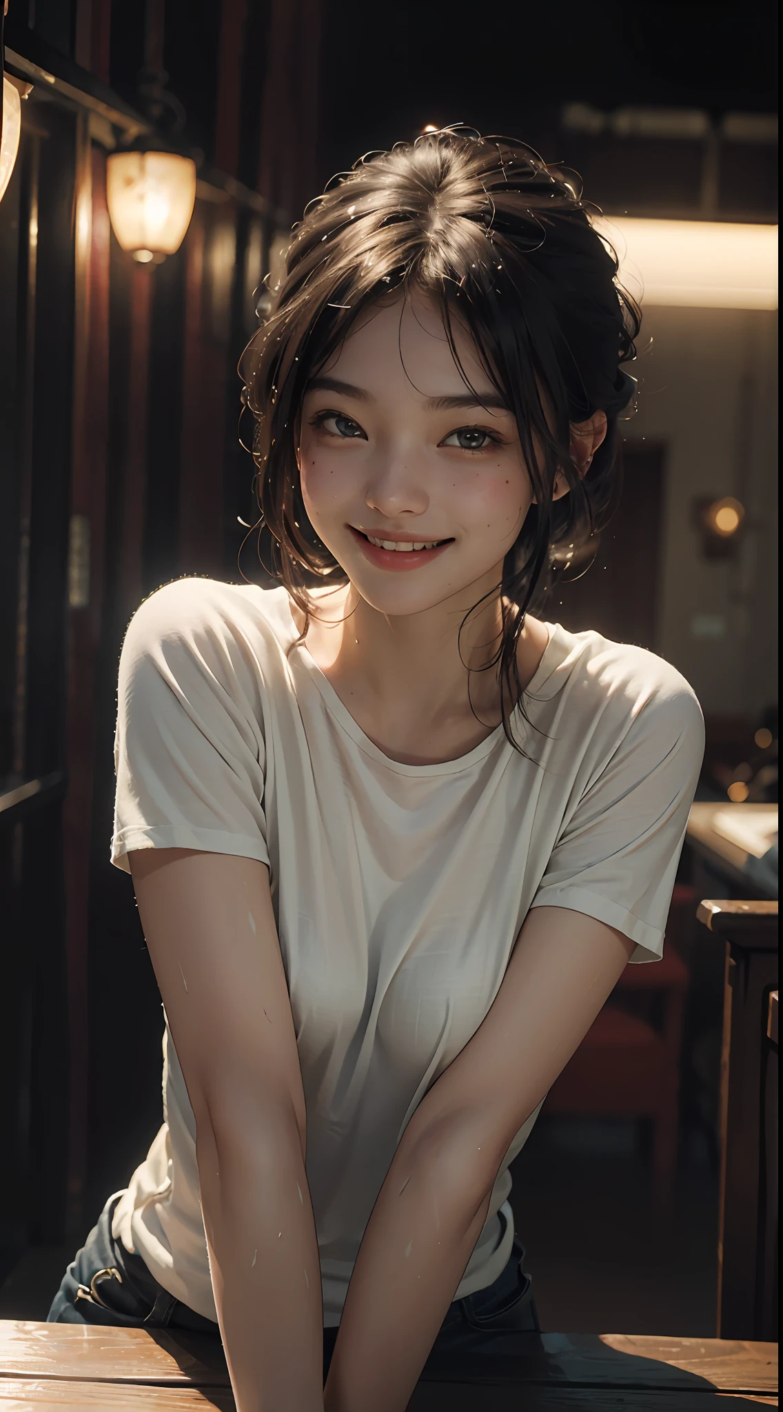 Top quality, masterpiece, ultra high definition, (Reality: 1.4), Original photo, 1Girl, cinematic lighting, smile, bright, photo-like, sweaty, face red, pose to take photo