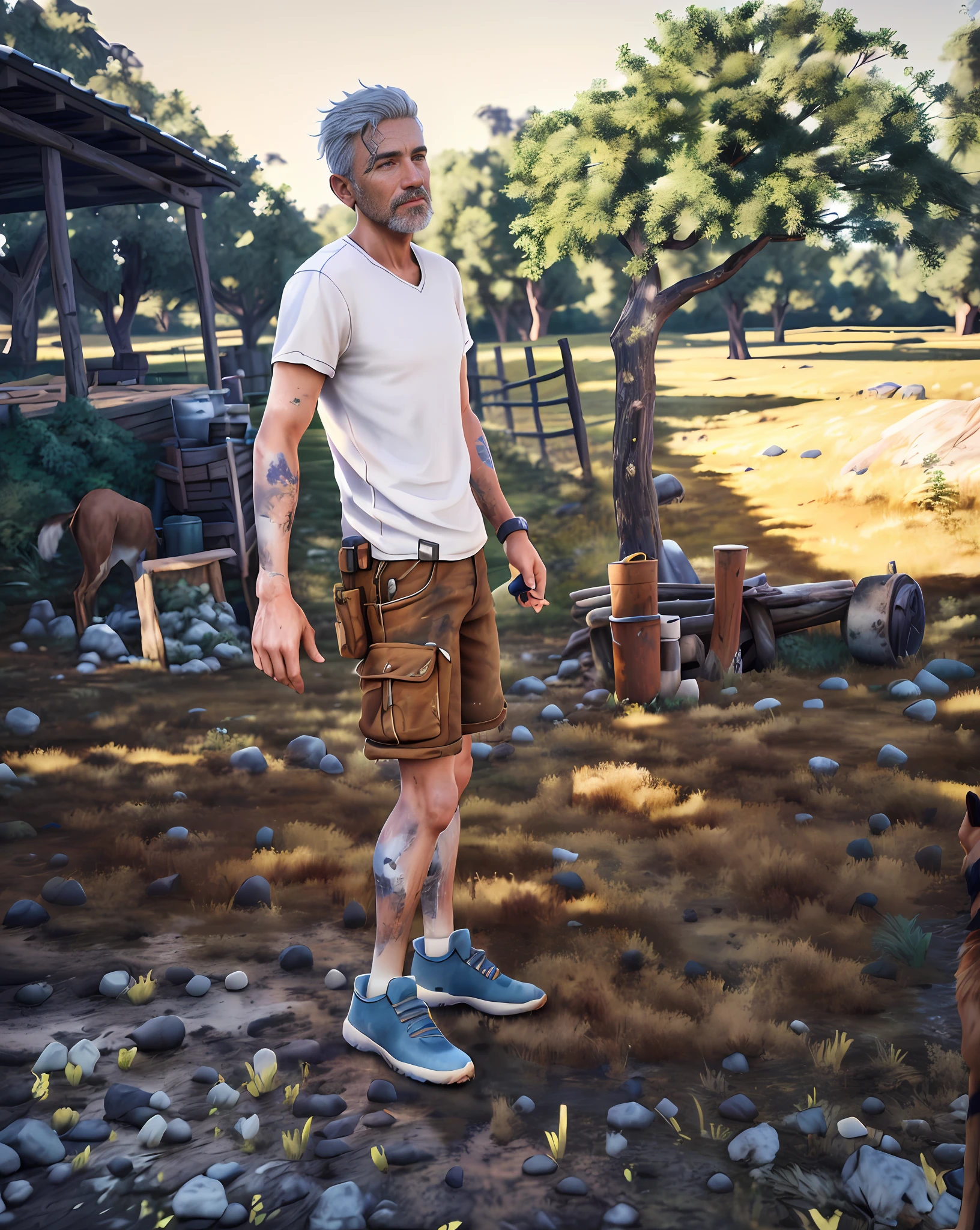 painting of a man standing in a field with a dog, realistic scene, adventure hyper realistic render, realistic fantasy render, in a post apocalyptic setting, 3 d render stylized, standing in wasteland, photorealistic content, white shorts and hiking boots, photorealistic full body, photorealistic style, full body shot hyperdetailed, wearing farm clothes, stood outside a wooden cabin