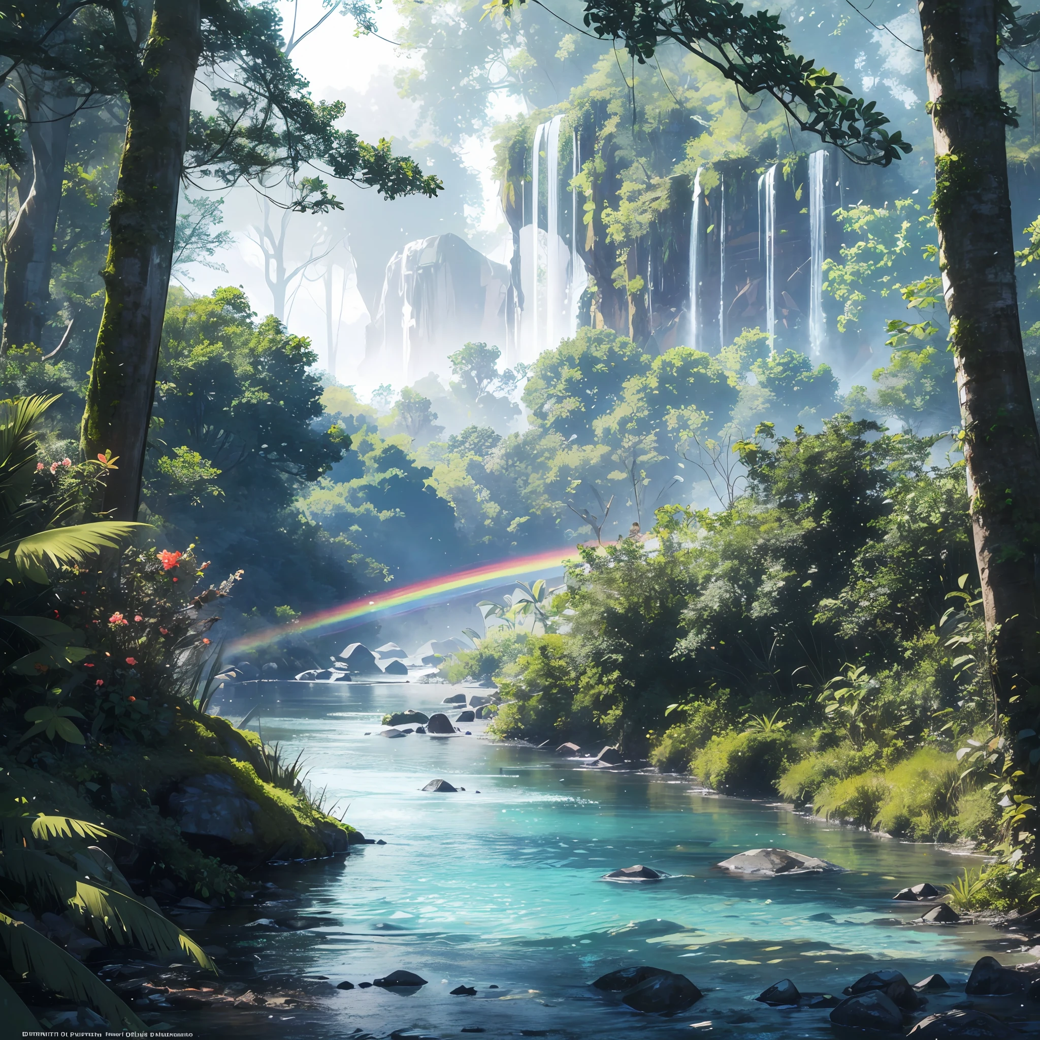 res, ultra detailed, (no human:1.3), BREAK , Create an image using a dark rainbow prism effect, with light refracting and creating ethereal cinematic appearance. BREAK , Design an image with a cinematic lens , capturing a wide field of view with a distinctive, curved perspective. BREAK , Capture a wide river,dense rainforest , with aged thick trees, rocks, waterfall,trees with colorful flowers,dappled sunlight, and a sense of tranquility and natural beauty. BREAK , Illustrate a rainforest world, using only godray shades of nature to convey depth, emotion, and a striking visual impact --auto --s2