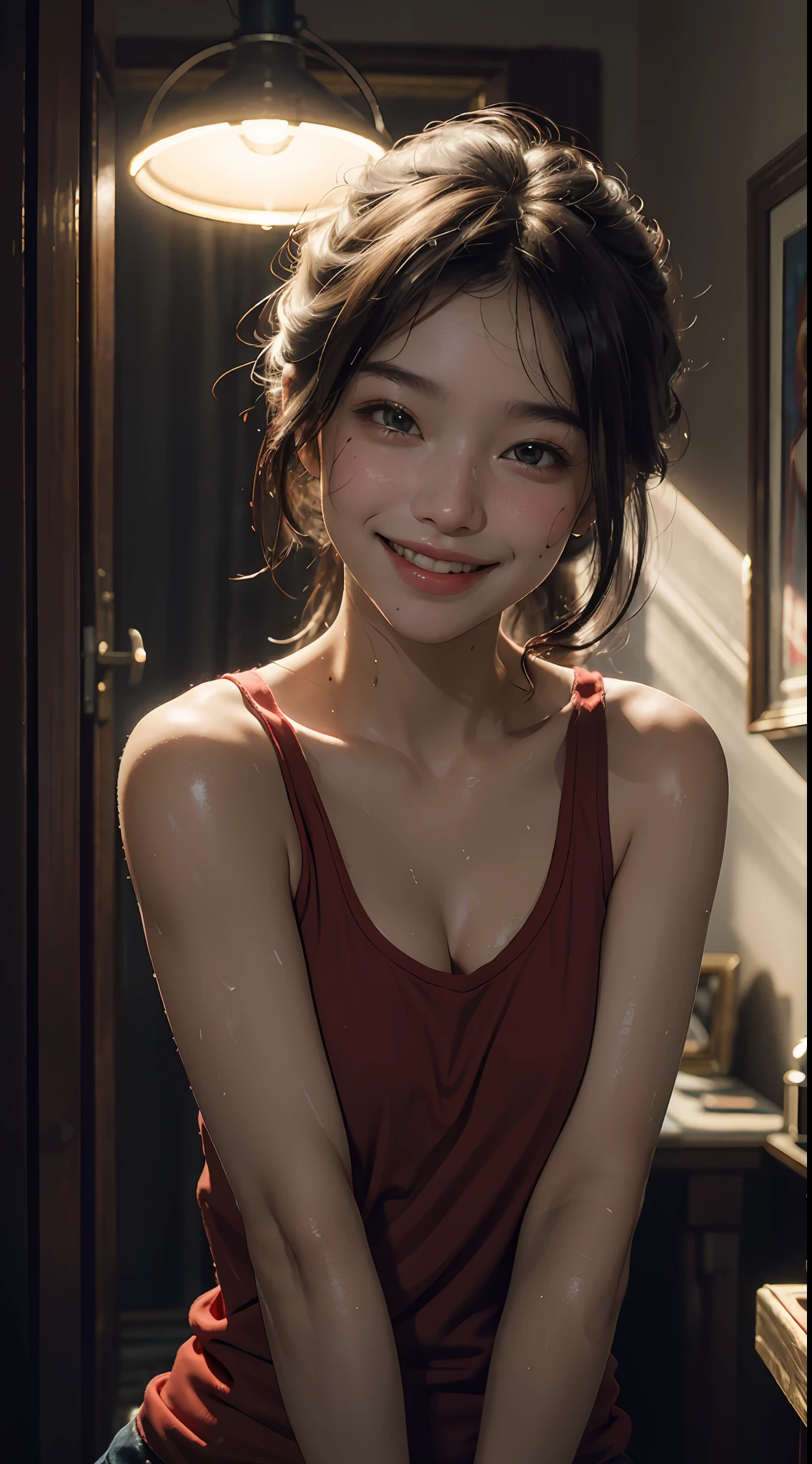 Top quality, masterpiece, ultra high definition, (Reality: 1.4), Original photo, 1Girl, cinematic lighting, smile, bright, photo-like, sweaty, face red, pose to take photo