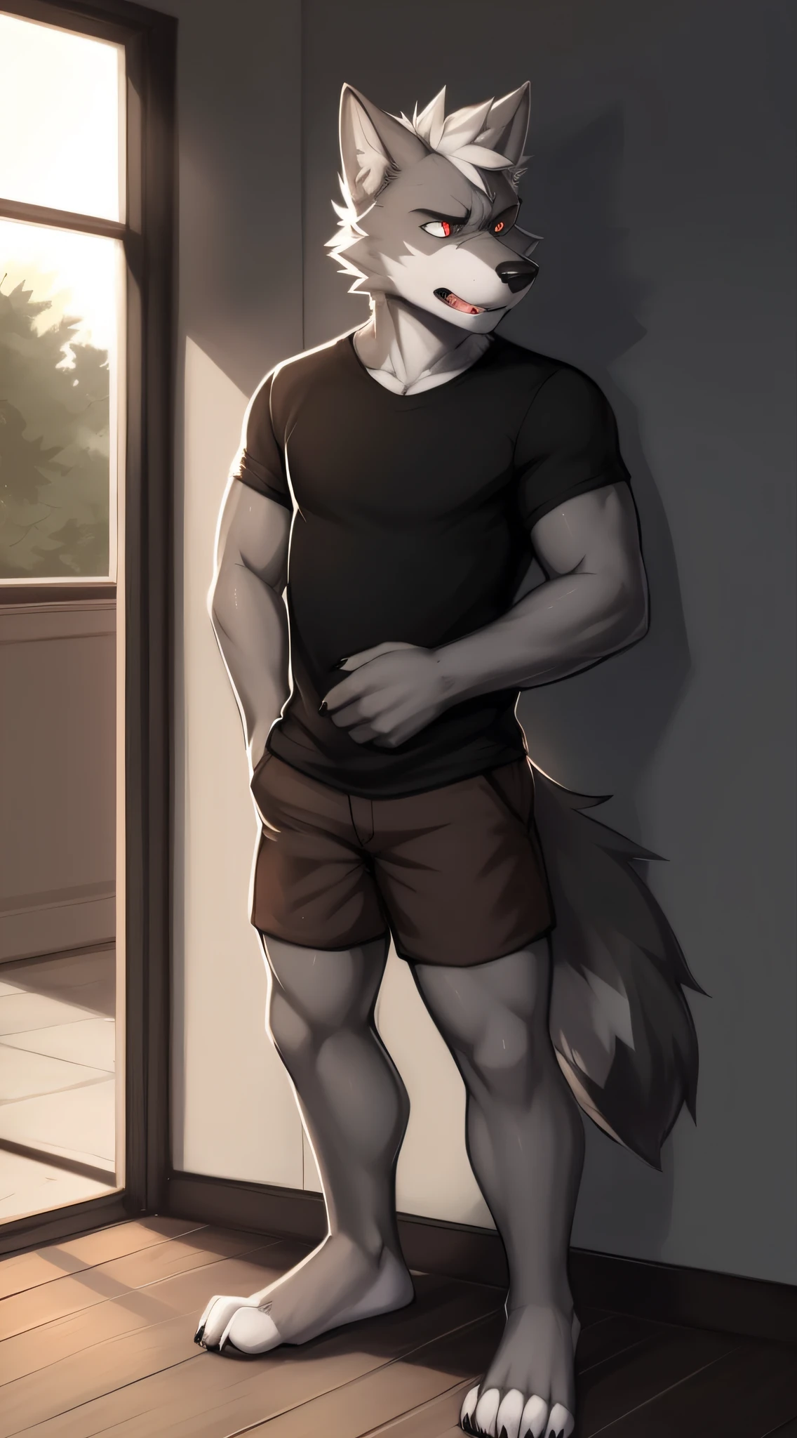 by zackary911, zackary911, wolf, anthro, ((gray skin)), 1man of 28 years, badly faced, frightening, expression of anger and seriousness, solo, background inside a house, black shirt, standing, perfectly detailed eyes, extremely detailed body, clock on arm, perfectly detailed paws, black nose, perfectly detailed hands, brown shorts up to the knee long, barefoot, muscular