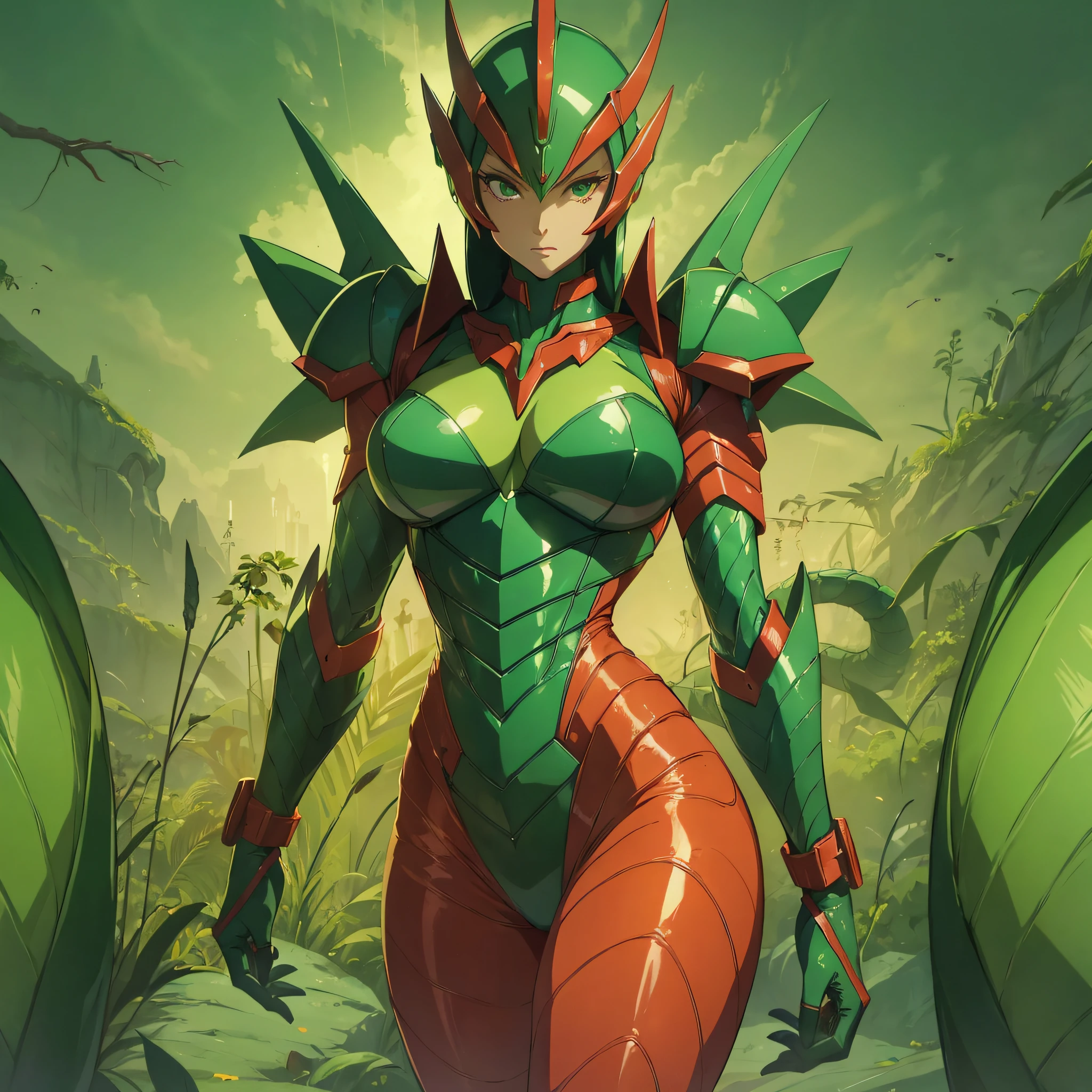 Cartoon photo of woman in green and red costume, hot insect humanoid woman, Guyver style, SFW version, scaraber reploid, cel shade adult animation, alien queen, serpentine pose, --auto --s2