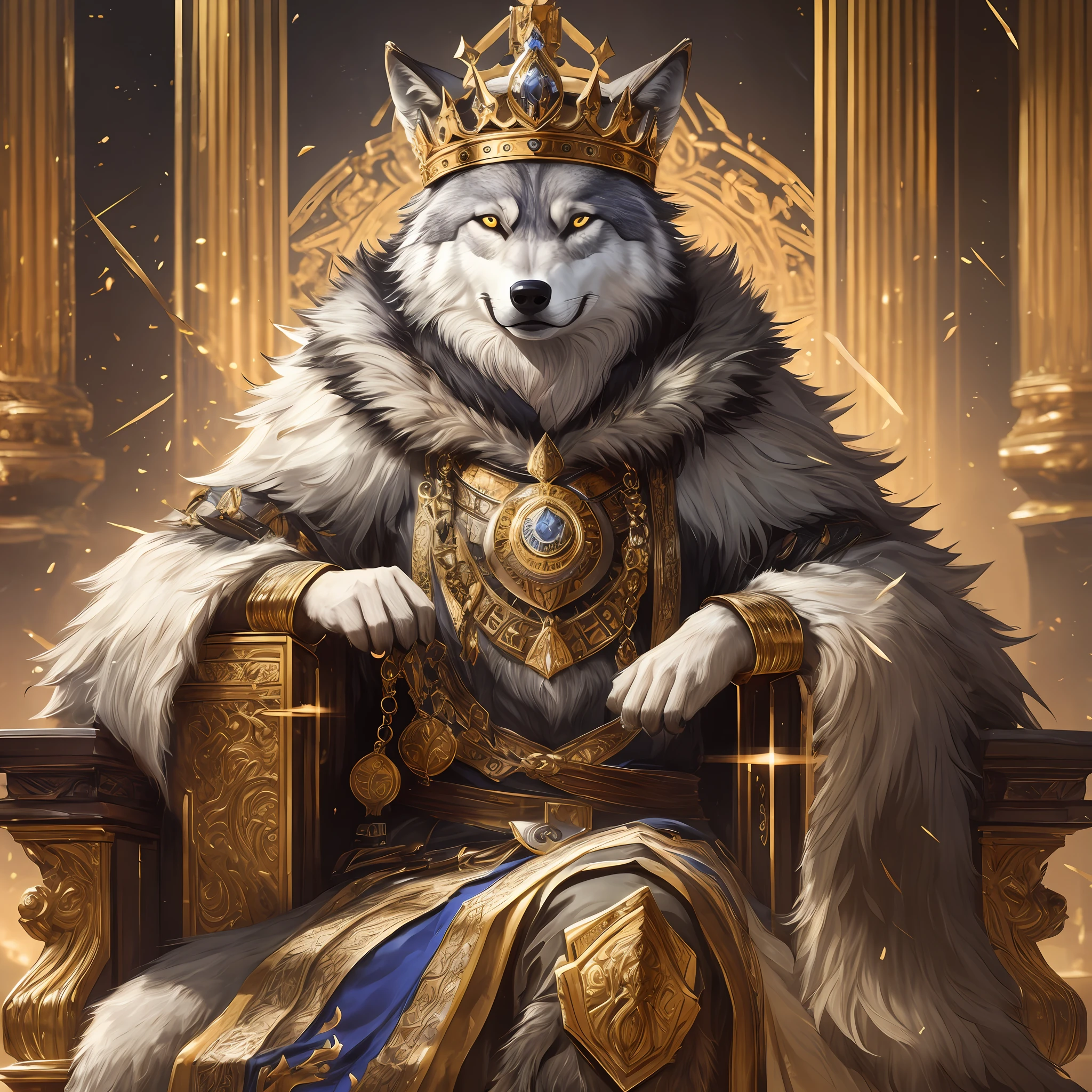 arafed image of a wolf sitting on a throne with a crown, wojtek fus, portrait of a king, trending on artstation:3, trending on artstation hq, trending on artstation 4k, 8k hd wallpaperjpeg artifact, 8 k hd wallpaperjpeg artifact, dramatic cinematic detailed fur, trending on Artstation --auto --s2