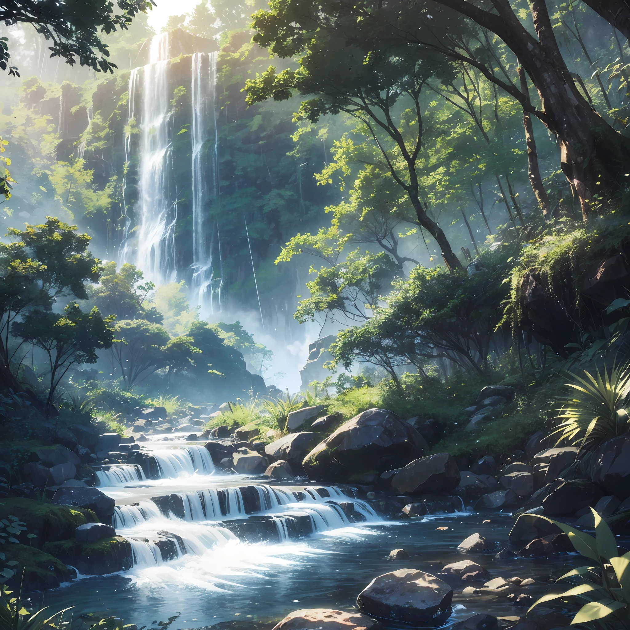 res, ultra detailed, (no human:1.3), BREAK , Create an image using a dark rainbow prism effect, with light refracting and creating ethereal cinematic appearance. BREAK , Design an image with a cinematic lens , capturing a wide field of view with a distinctive, curved perspective. BREAK , Capture a wide river,dense rainforest , with aged thick trees, rocks, waterfall,trees with colorful flowers,dappled sunlight, and a sense of tranquility and natural beauty. BREAK , Illustrate a rainforest world, using only godray shades of nature to convey depth, emotion, and a striking visual impact --auto --s2