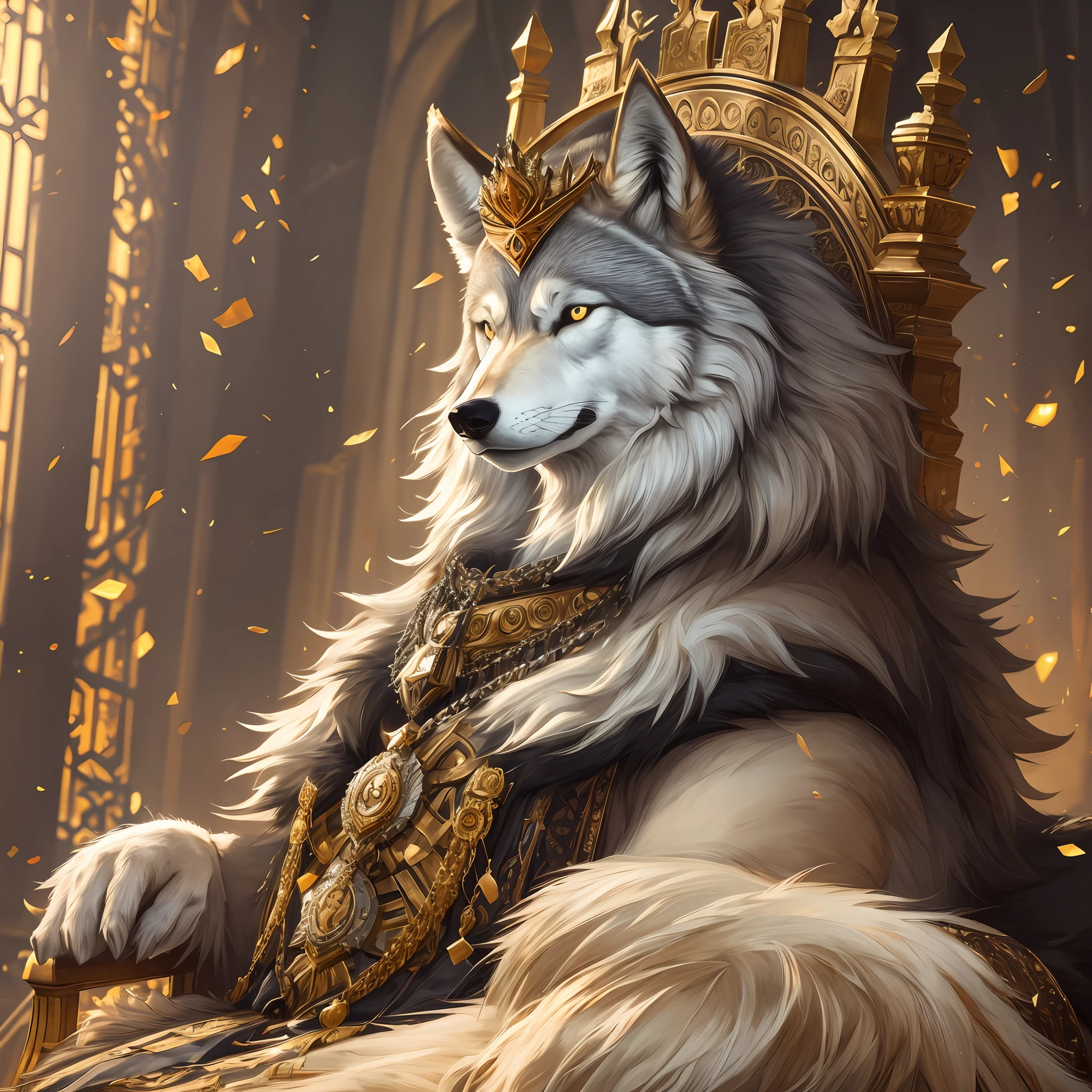 arafed image of a wolf sitting on a throne with a crown, wojtek fus, portrait of a king, trending on artstation:3, trending on artstation hq, trending on artstation 4k, 8k hd wallpaperjpeg artifact, 8 k hd wallpaperjpeg artifact, dramatic cinematic detailed fur, trending on Artstation --auto --s2