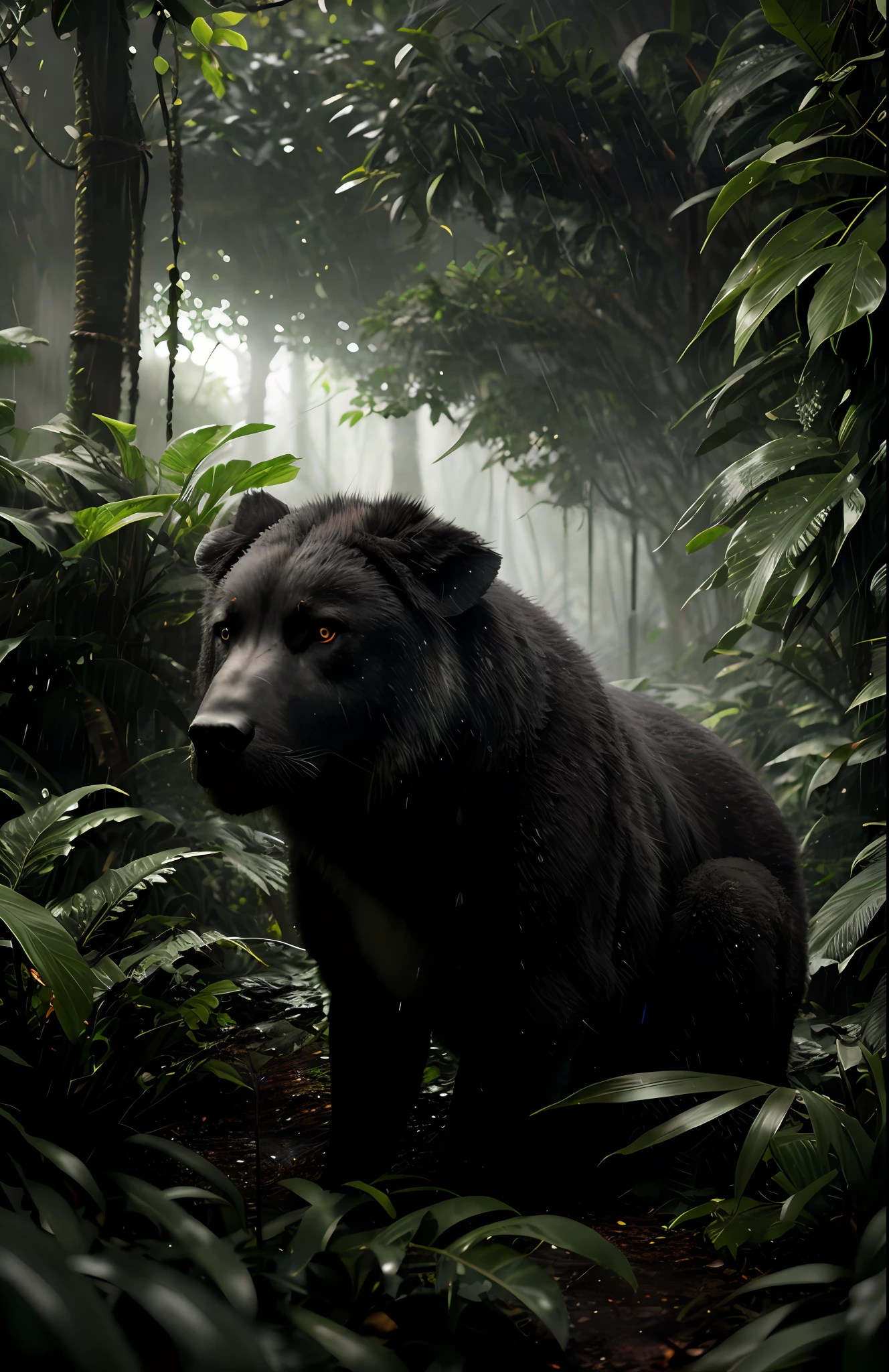 A jungle, with intense rainfall, monochromatic, vines all around, giant and wet trees, masterpiece, best quality, high quality, extremely detailed CG unity 8k wallpaper, oil paiting, award winning photography, Bokeh, Depth of Field, HDR, bloom, Chromatic Aberration ,Photorealistic,extremely detailed, trending on artstation, trending on CGsociety, Intricate, High Detail, dramatic, art by midjourney, volumetric lighting