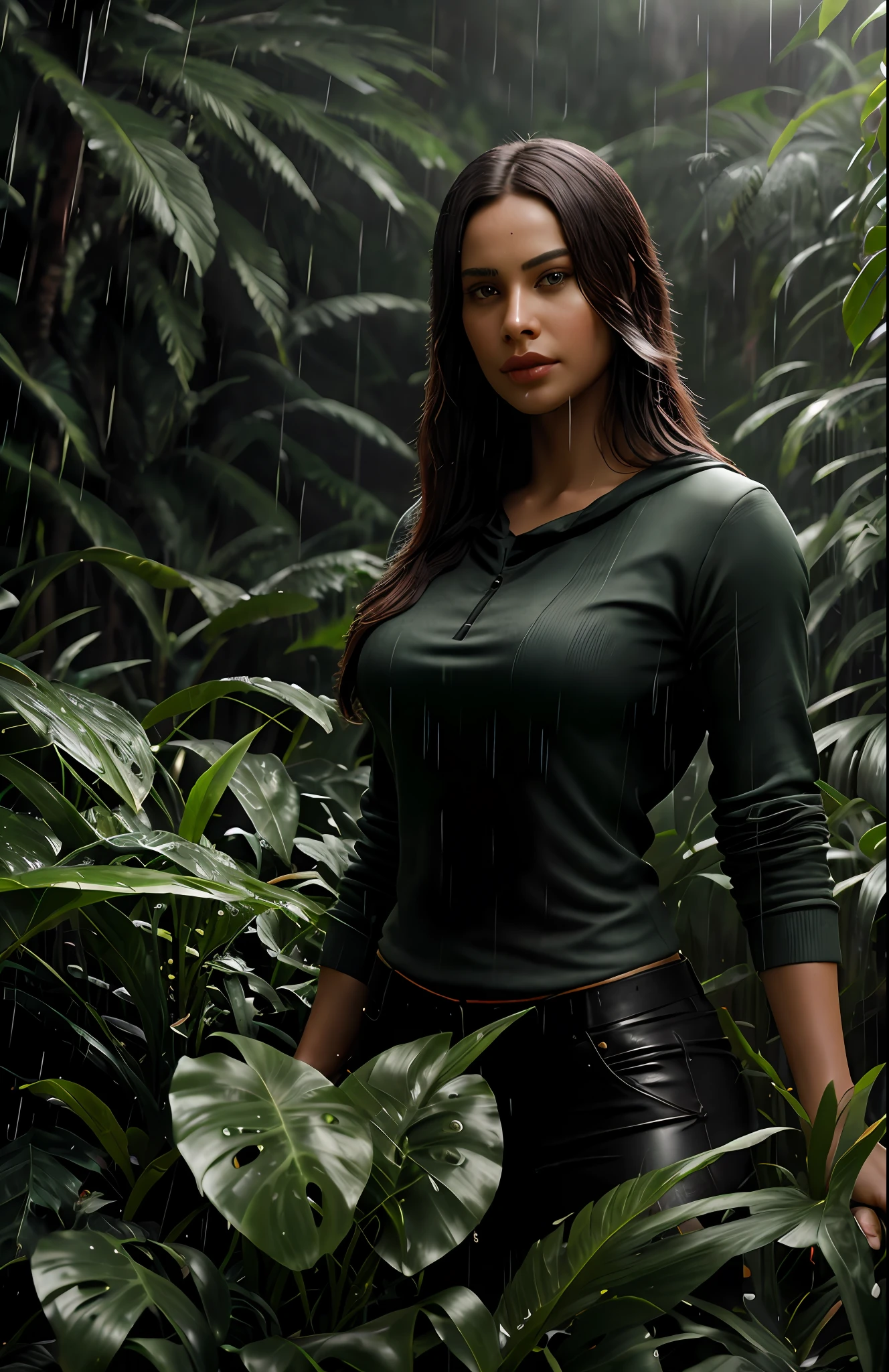 A jungle, with intense rainfall, monochromatic, vines all around, giant and wet trees, masterpiece, best quality, high quality, extremely detailed CG unity 8k wallpaper, oil paiting, award winning photography, Bokeh, Depth of Field, HDR, bloom, Chromatic Aberration ,Photorealistic,extremely detailed, trending on artstation, trending on CGsociety, Intricate, High Detail, dramatic, art by midjourney, volumetric lighting