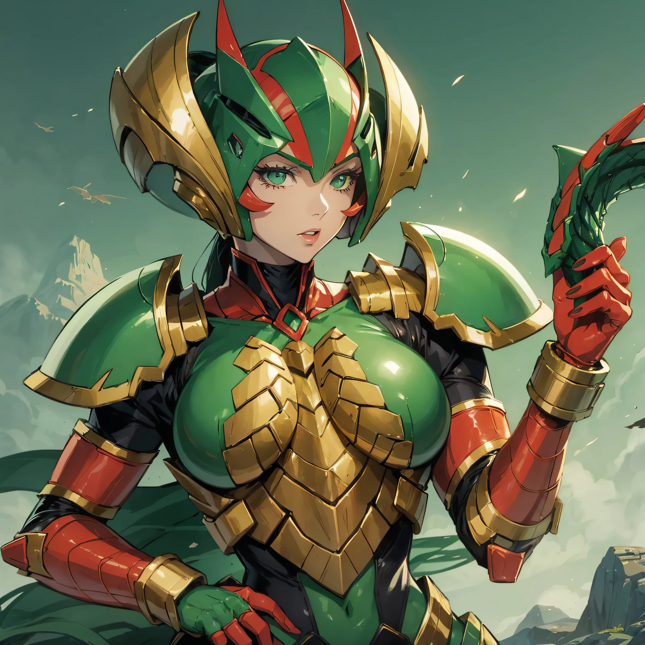 Cartoon photo of woman in green and red costume, hot insect humanoid woman, Guyver style, SFW version, scaraber reploid, cel shade adult animation, alien queen, serpentine pose, --auto --s2