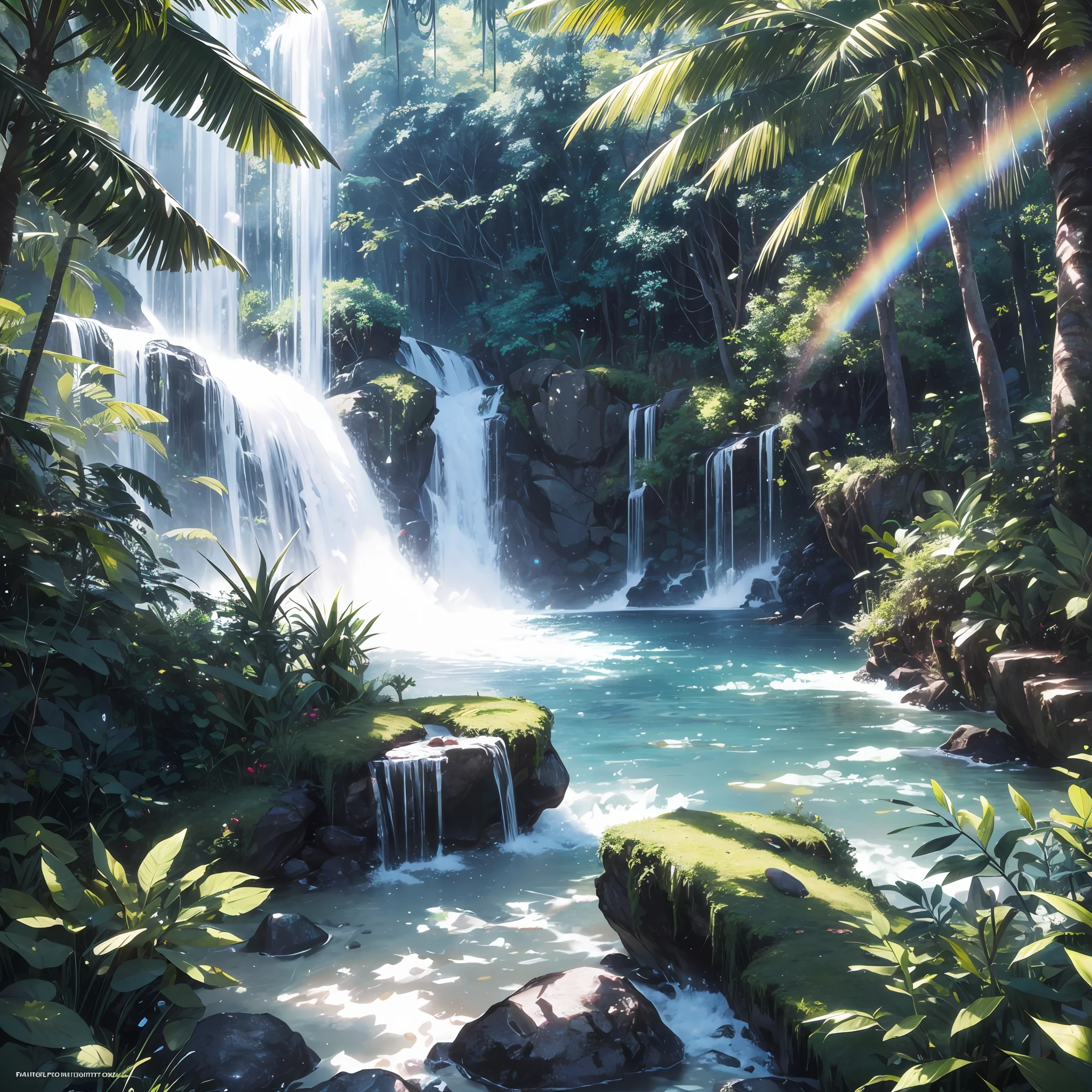 res, ultra detailed, (no human:1.3), BREAK , Create an image using a dark rainbow prism effect, with light refracting and creating ethereal cinematic appearance. BREAK , Design an image with a cinematic lens , capturing a wide field of view with a distinctive, curved perspective. BREAK , Capture a wide river,dense rainforest , with aged thick trees, rocks, waterfall,trees with colorful flowers,dappled sunlight, and a sense of tranquility and natural beauty. BREAK , Illustrate a rainforest world, using only godray shades of nature to convey depth, emotion, and a striking visual impact --auto --s2