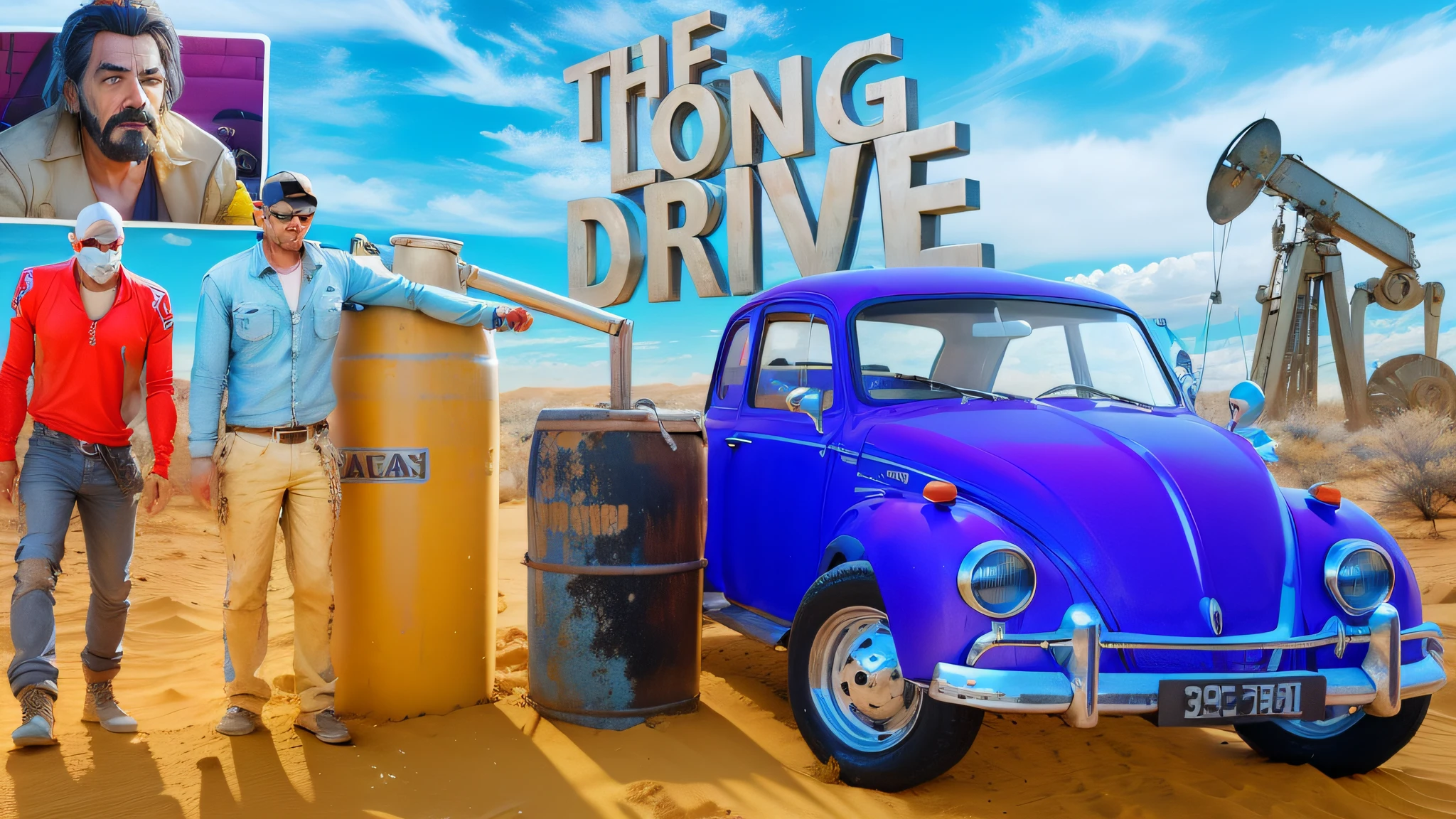 Car, Desert, Sand, Metal Barrel, Gás Can, Petrol, Blue Sky, 3D Text, Human, realistc, 3d, Ray tracing, 4k --auto --s2