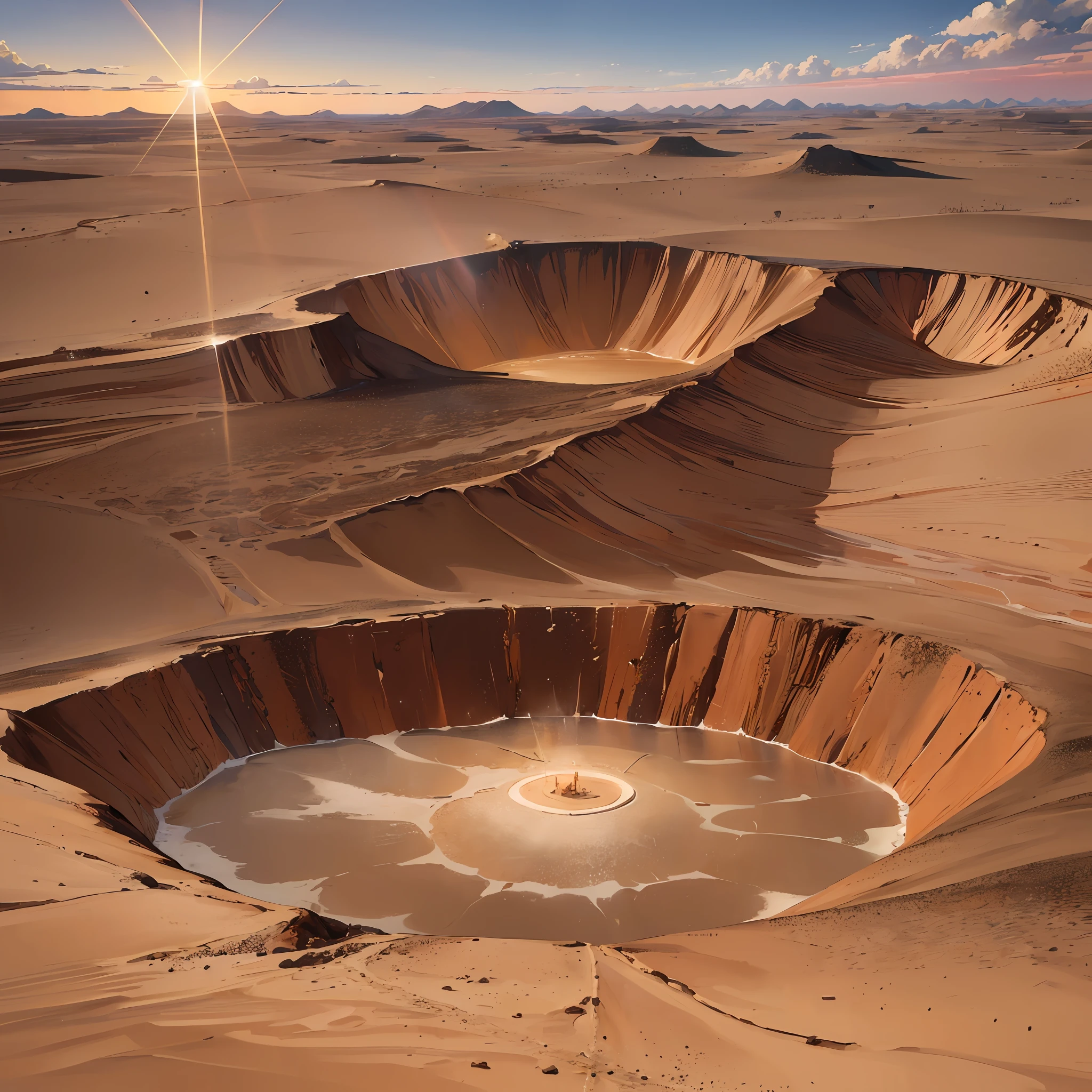 (shocking scenery, masterpiece), better quality, image with high level of detail, amazing and impressive, edge of a large crater in a desert, radiant sunlight reflecting off the dirt floor, warm and earthy tones, scorching heat, bright and desolate desert. --auto --s2