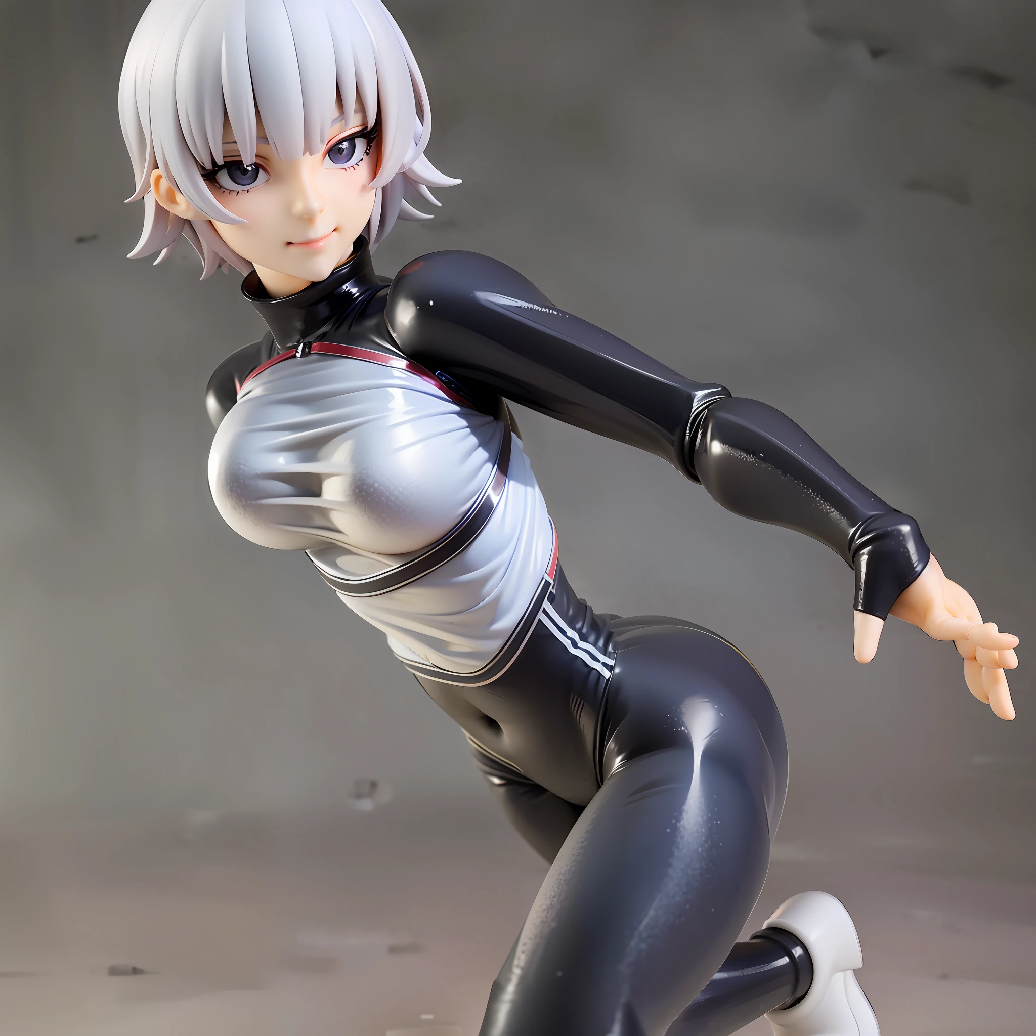 white hair, short cut,1girl,short pants, sneakers, beautiful eye, full body, dancing, looking away, black suit,[realistic], [3d], smile, closed mouth,(8k, RAW photo, best quality, masterpiece:1.2), ultra high res, photo realistic, professional lighting, detailed lighting, professional photography, high quality, high res, extremely detailed, bloom, depth of field, sketch, sharp focus, soft lighting, detailed, detailed skin, to8contrast style