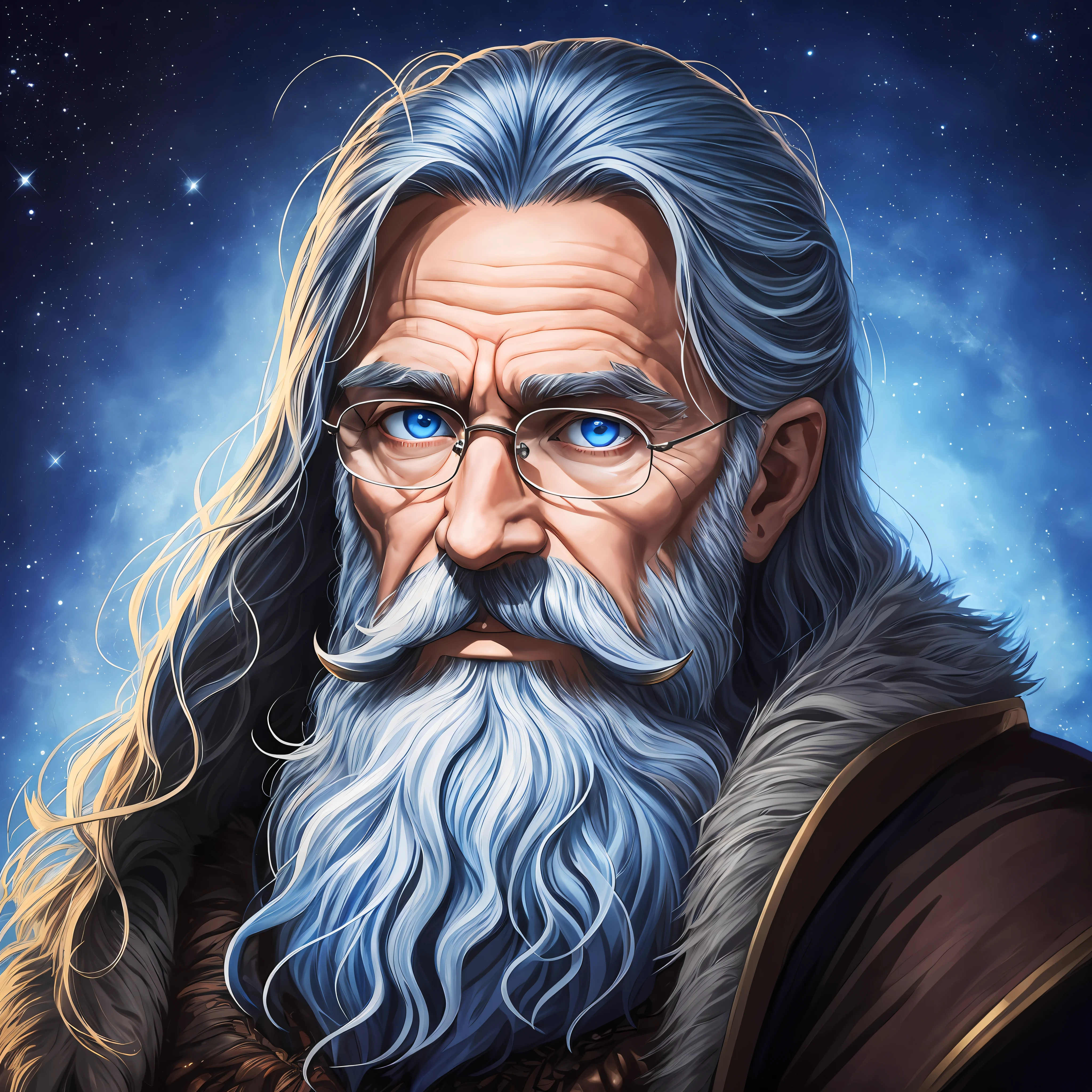 A portrait of a wizard, wise, small beard, 50 years old, aged, with piercing blue eyes, detailed face, high details, photography, dark studio, rim light, Nikon D850, 50mm, f/1.4 --auto --s2