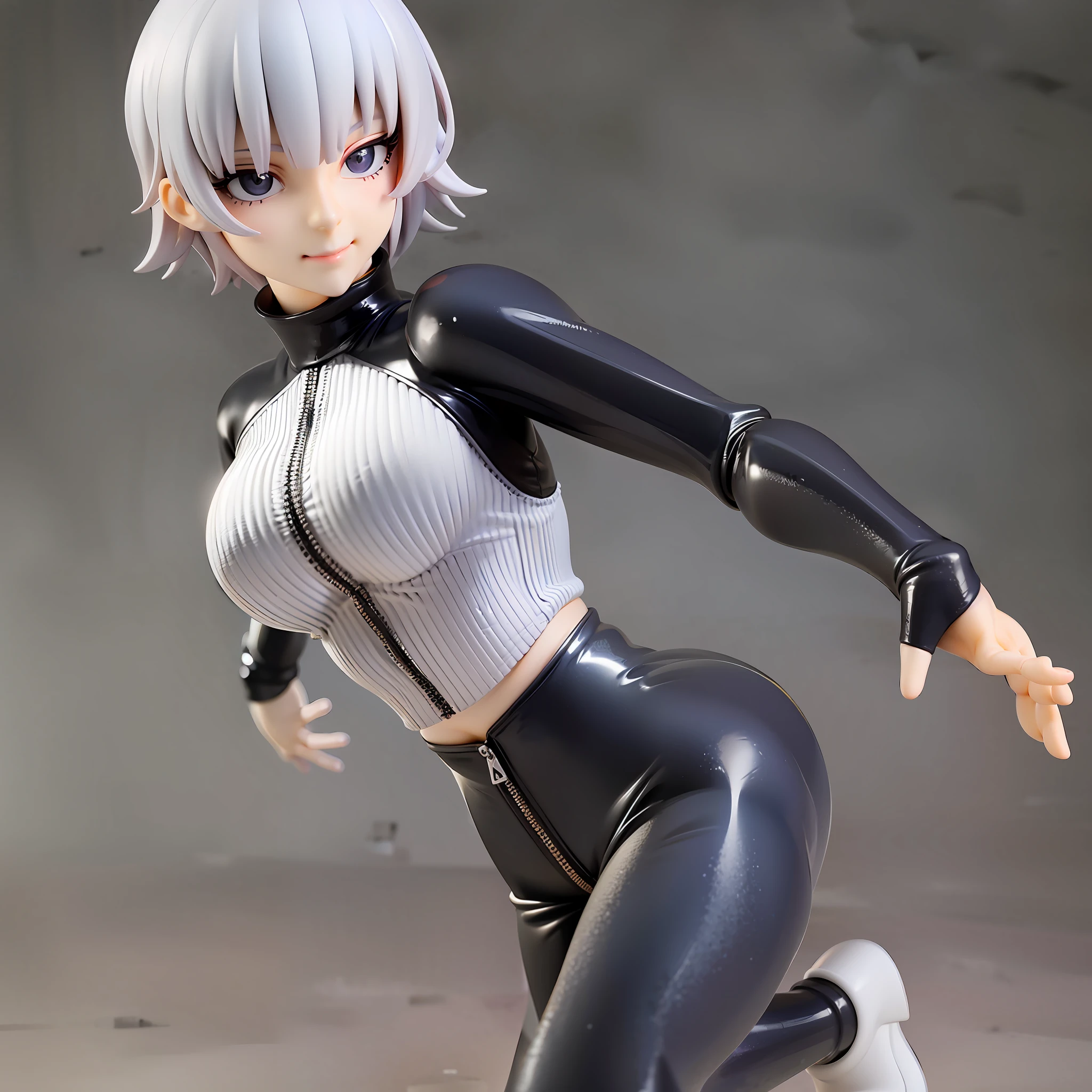 white hair, short cut,1girl,short pants, sneakers, beautiful eye, full body, dancing, looking away, black suit,[realistic], [3d], smile, closed mouth,(8k, RAW photo, best quality, masterpiece:1.2), ultra high res, photo realistic, professional lighting, detailed lighting, professional photography, high quality, high res, extremely detailed, bloom, depth of field, sketch, sharp focus, soft lighting, detailed, detailed skin, to8contrast style