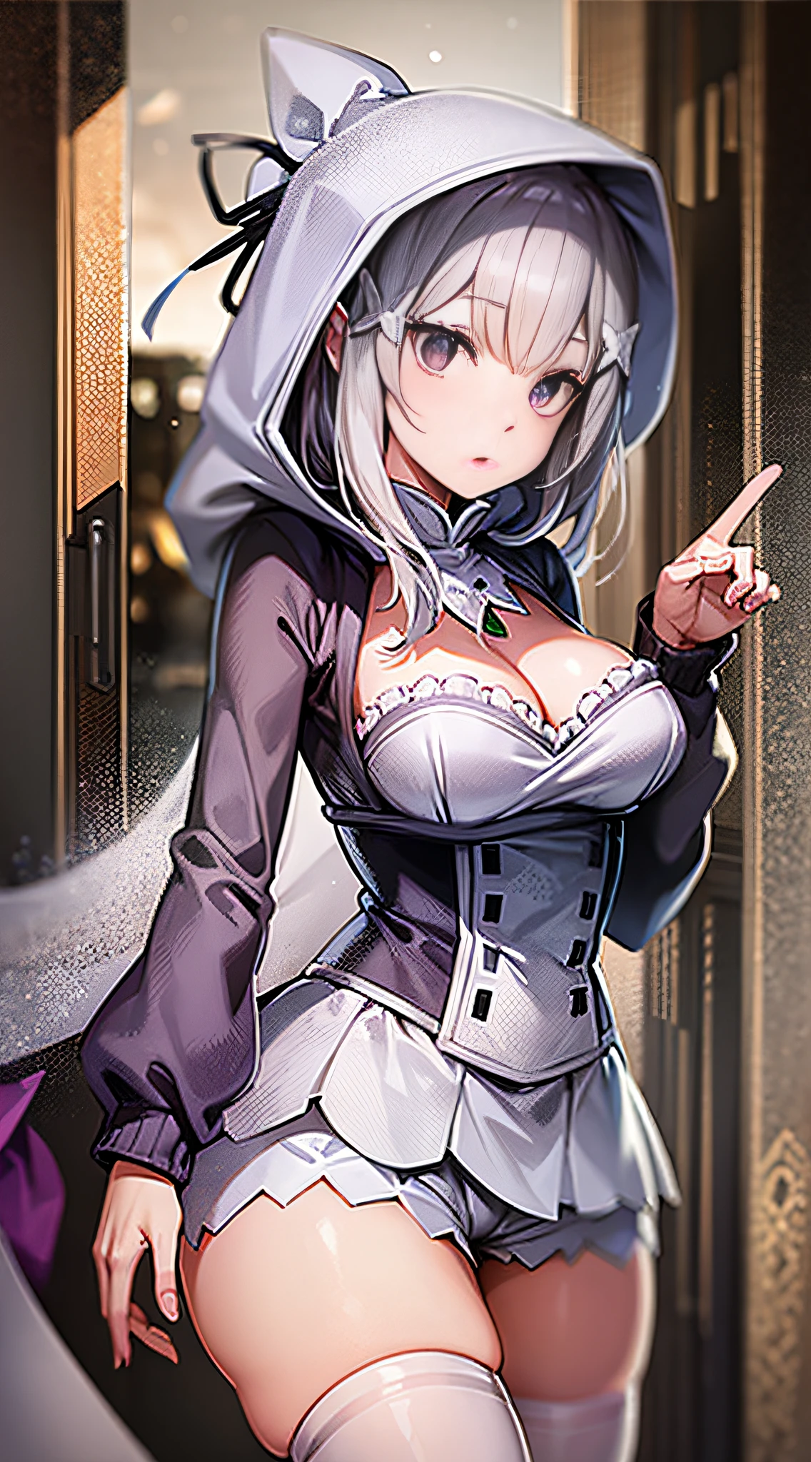 Best quality, high resolution, super detailed, solo_focus, Emilia, sweater, hood, shorts, white_thighhighs, stunning