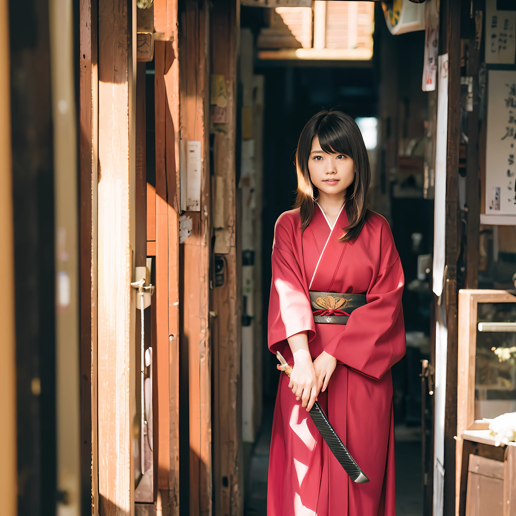 (8k, RAW photo, best quality, masterpiece: 1.2), (realistic, photorealistic: 1.37), super detailed, ultra high resolution, 1 girl, solo, 1girl, (Kasumi Arimura), ARIMURA, colorful kimono, (Japan sword), samurai, holding a weapon, beholding, beholder, beautiful detailed face, smile, teeth, (feather cut: 0.6), barefoot, sunlight, lots of lighting, Japan, shopping street, traditional buildings,