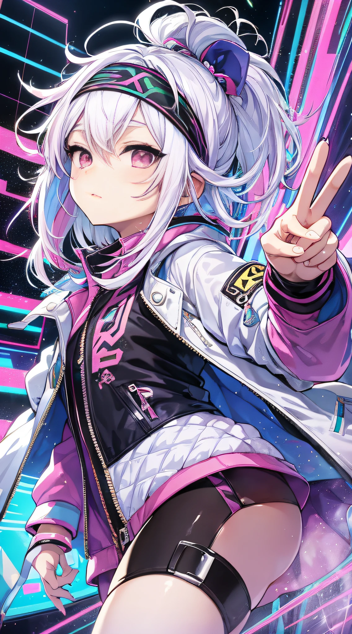 (Masterpiece, anime, kawaii, best illustration, aurora and shadow), (1boy:.6), solo, (non binary:.8), (girl focus:.7), (mature:.9), transgender female, white hair, bicolor hair, jacket, blue jacket, pink gloves, pink eyes, white hair, headband, white jeans, colorful hair, blue headband, colorful clothes, Hair behind the ears, long hair, green tights, looking at the audience, open jacket, yellow jacket, arms up, multicolored tights, gothic eyeliner, wristbands, emo punk style, (punk: 1.5), jewelry, (dynamic angle), (two fingers show peace gesture, hands up), depth live, tattoos, (Minneapolis downtown: 2), (best sunlight: .8), (lens flare: .9), wind blowing hair, (side light), (volumetric lighting), stunning