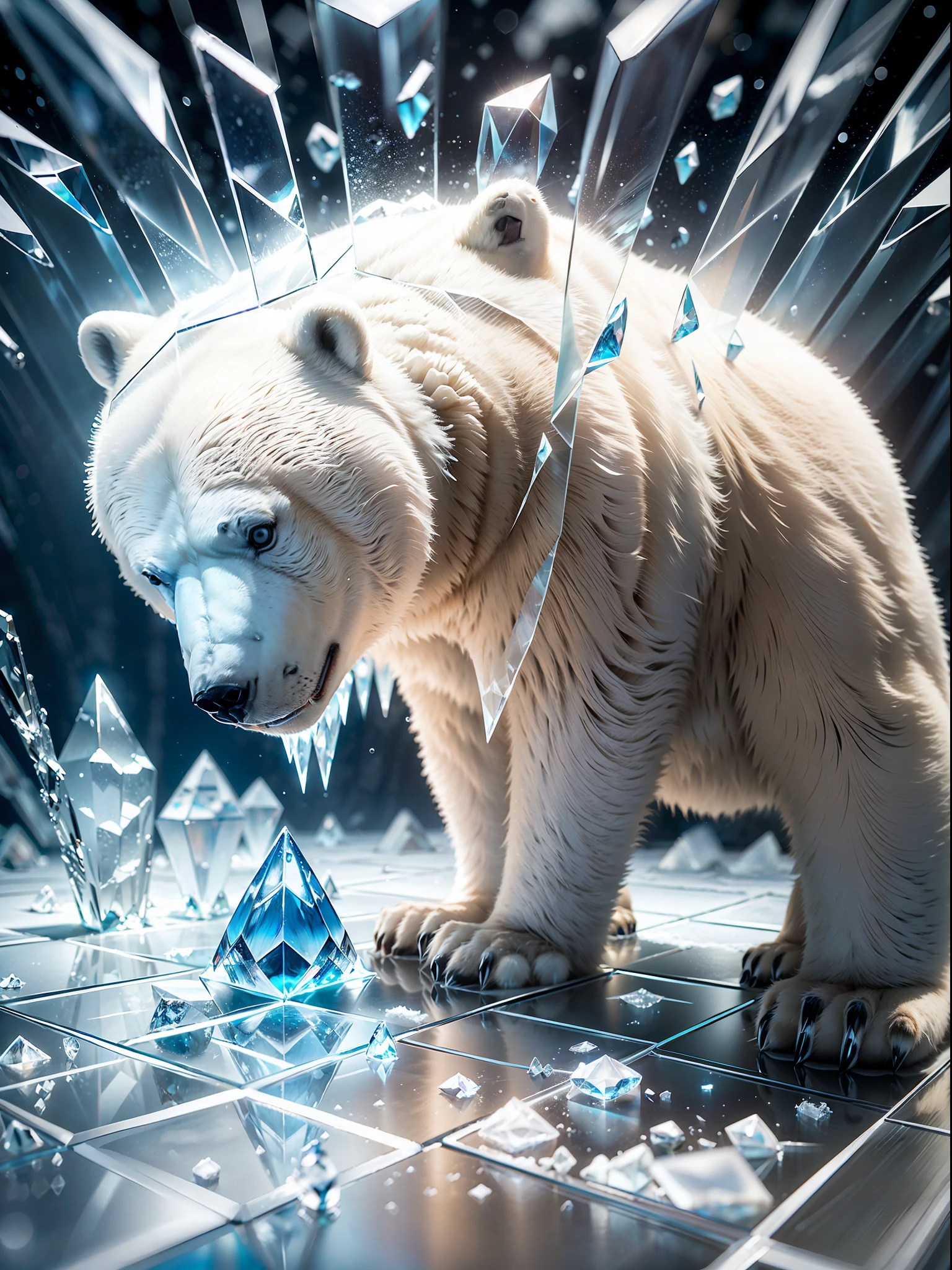 (Clear glass), ((A crystal clear square ice cube)), ((There is a polar bear in the ice)), Panorama, Ultra Fine, 16k resolution, Master Works, Macro Lens, Close-up, Dynamic Perspective