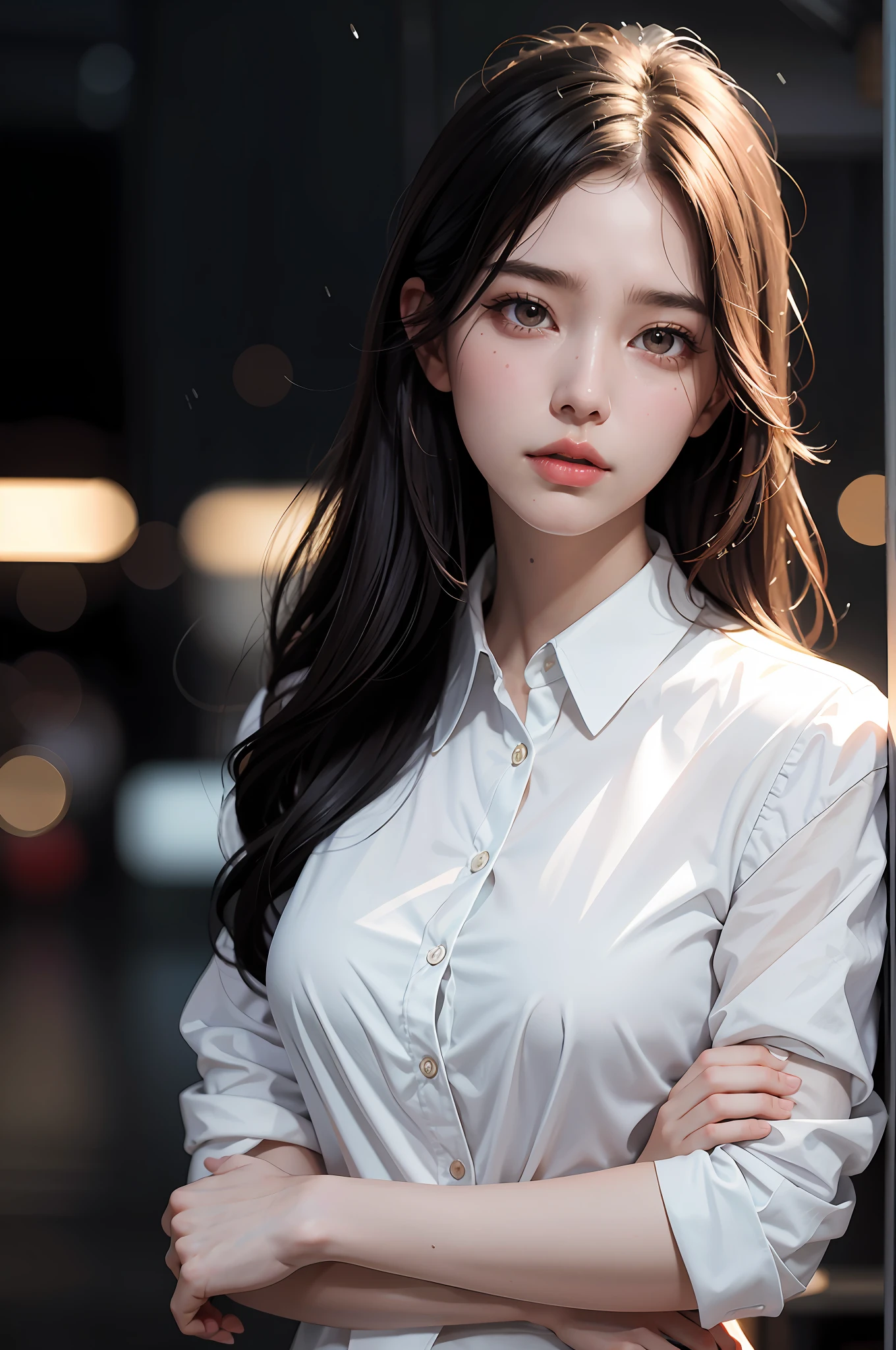 Close-up of a woman in a white-collar shirt, chest:1.2, messy hair, big hair, closed mouth, mouth hold, longeyelashes: 1.5, black hair color, guvez style artwork, guvitz, CGstation trend, raw photo, super high resolution, big brown eyes, crying with eyes open, long legs, thin legs, narrow waist, Tall woman, slim figure, dynamic lighting, depiction very detailed, depth of field, rain in the background, Seoul, Korea, ray tracing, 4K