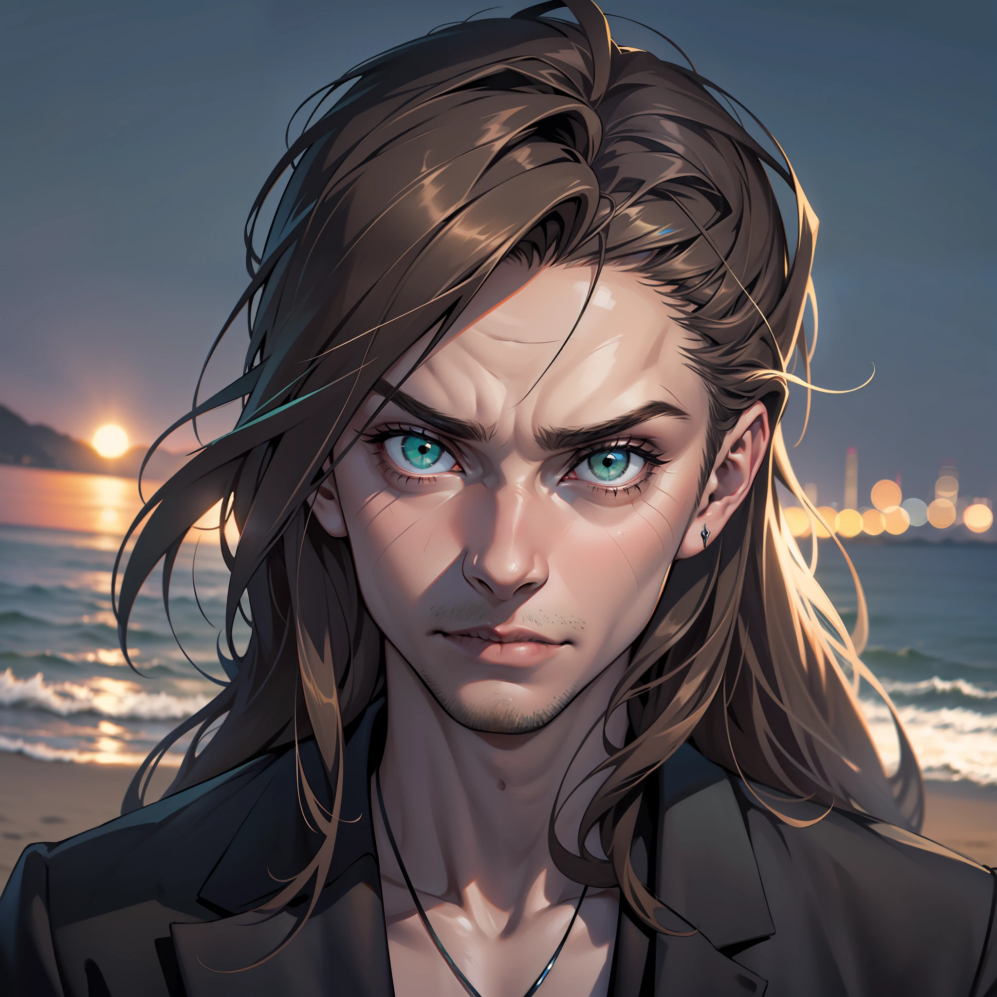 (extremely detailed 8k wallpaper), dark theme, Vampire the Masquerade, modern horror, 2020s, man 50 years old, wearing executive blue suit, sharp focus, (subsuperficial scattering:1.1), award-winning photography, centered face, (Will002's face), full body photo:1.1, dark brown hair, green eyes:1.2, fleshy mouth, indifferent expression, on the edge of the beach at night, dramatic lighting