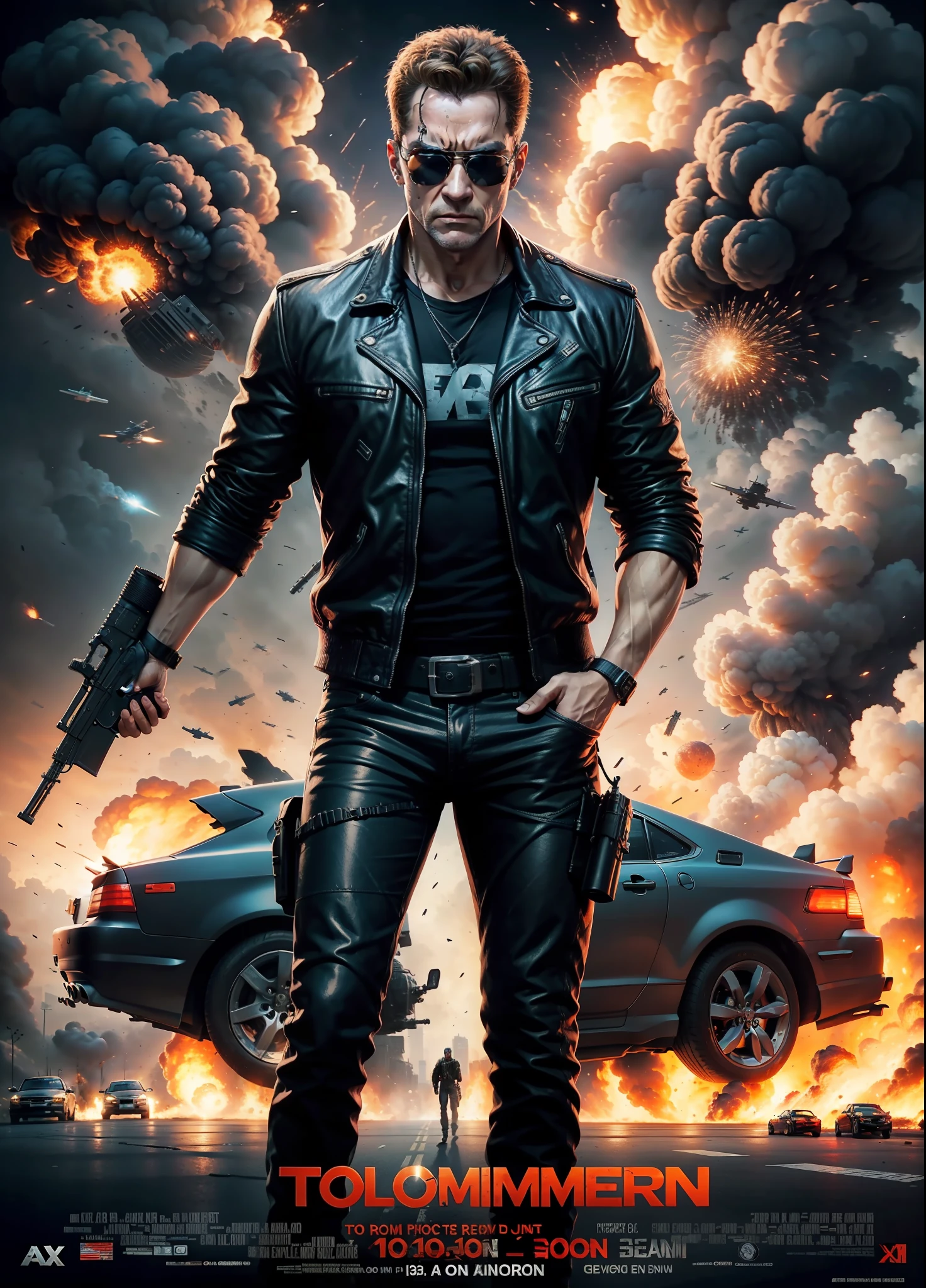 terminator movie poster, explosions, guns, cars, aviões