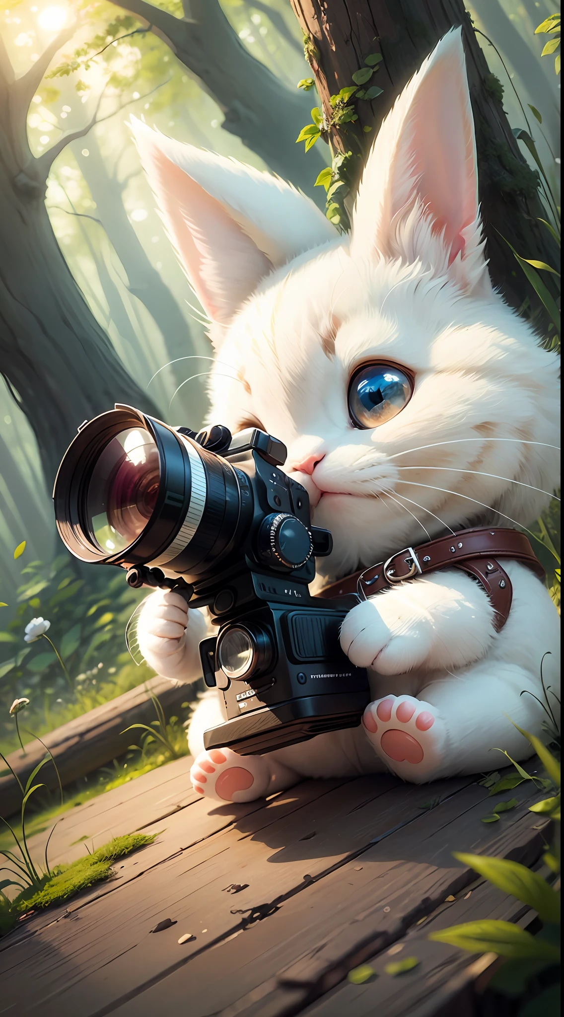 There is a little white cat sitting on a log with a camera, one eye to take pictures, cute digital art, cute digital painting, cute detailed digital art, cute 3 D rendering, cute cartoon characters with rabbit ears, cute cartoon, cute detailed artwork, cute cute artwork, cute cute artwork, cute cute photos, cute animals, cute cute characters, cute creatures --auto --s2